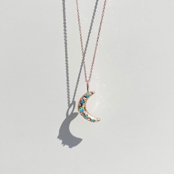 Crescent Moon pendant with Australian Crystal Opals and Diamonds