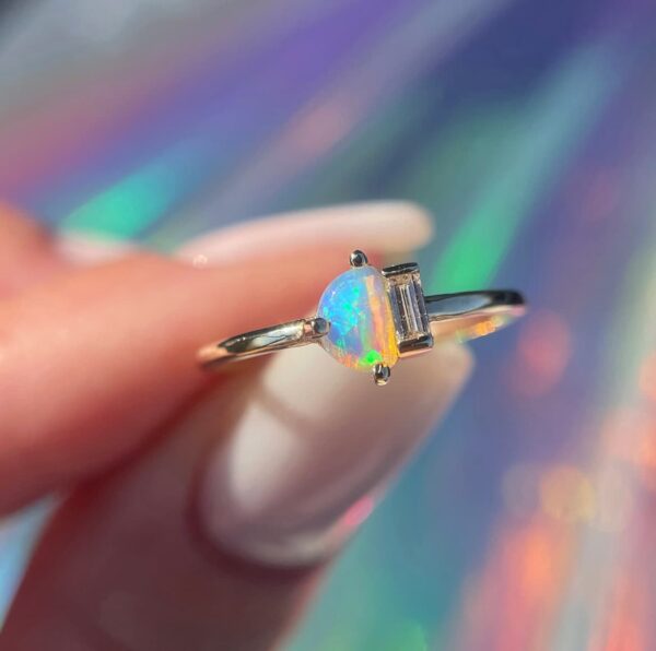 Half Moon Ring with Australian Crystal Opal and Baguette Diamond