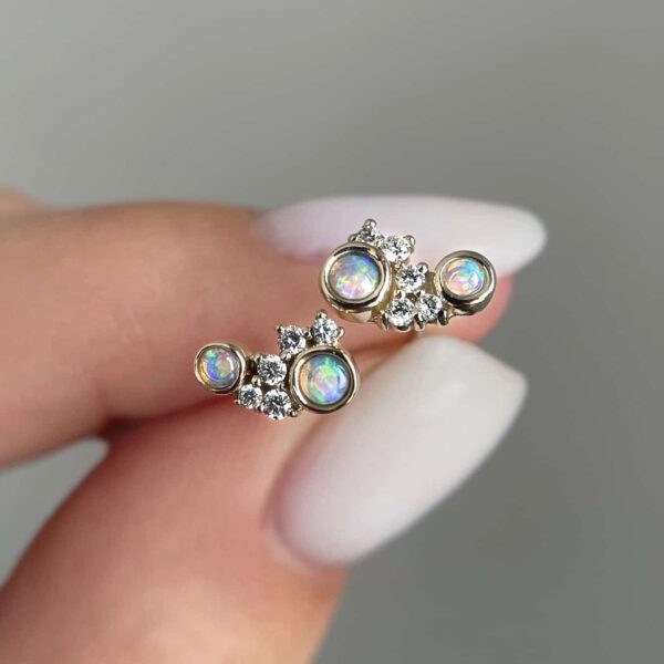 14K Gold earrings with Australian Crystal Opals and Diamonds
