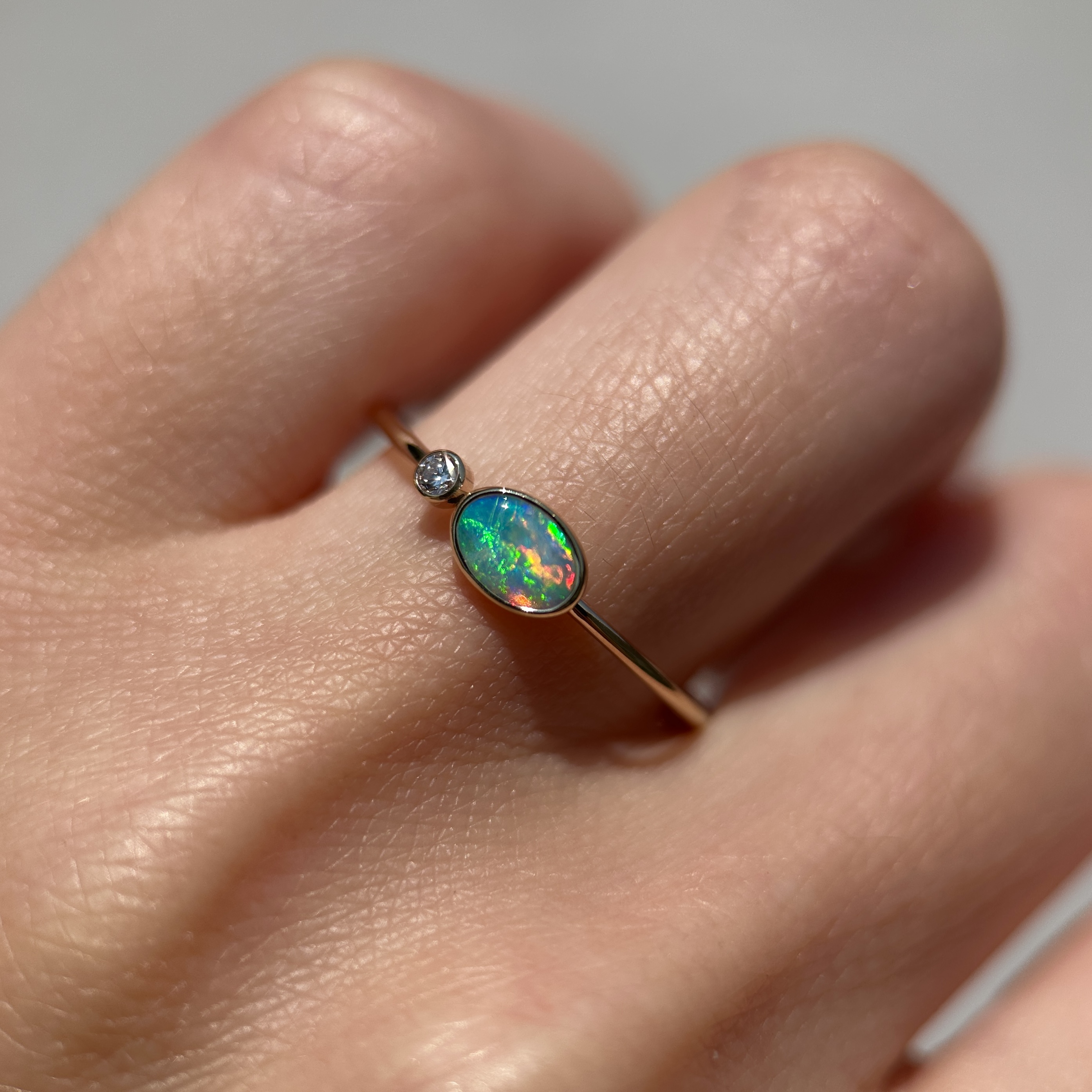 14K Yellow gold ring with Australian Opal and Diamond