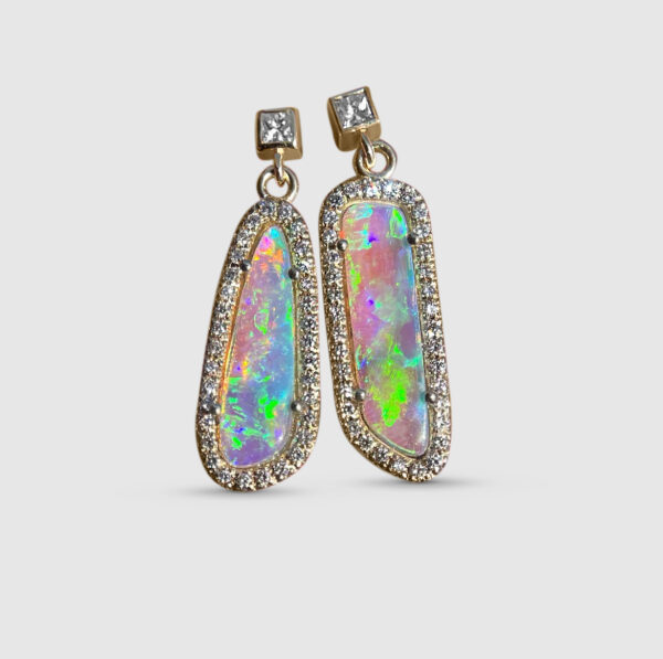 14K Yellow gold earrings with Australian Crystal Opals and Diamonds