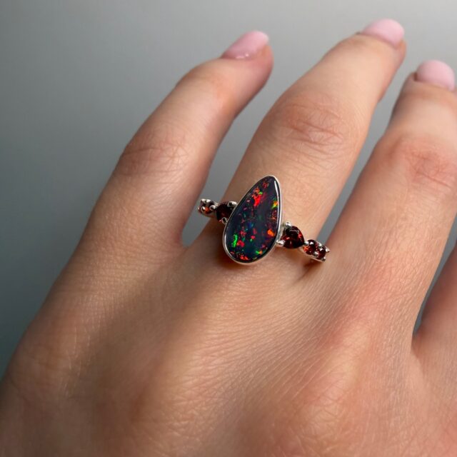 Black Opal & Mozambique Garnet ring for Amy ❤️