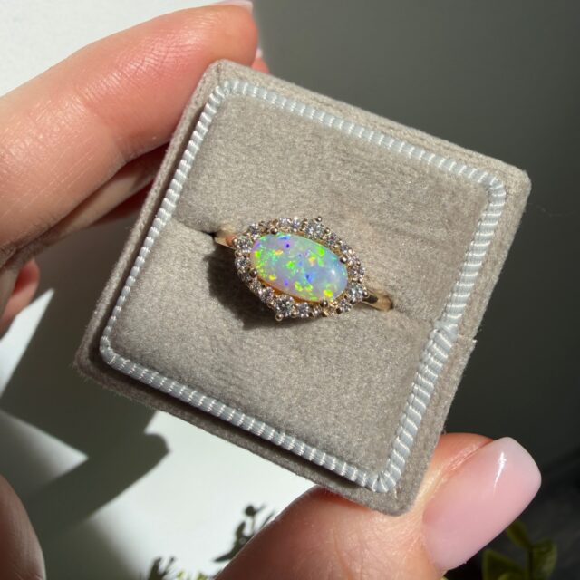 14K Yellow gold ring with Australian Dark Opal and Diamonds ✨ SZ 7. Available on our website