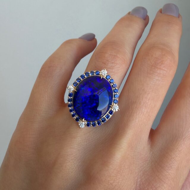 Custom-made Black Opal ring with blue sapphires and diamonds for Lauren 💙