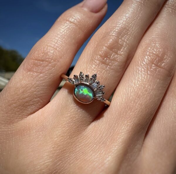 14K Rose gold ring with Australian Crystal Opal and Diamonds SZ 7