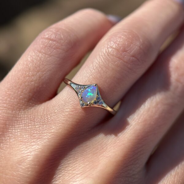 14K Yellow Gold Aurora ring with Australian Crystal Opal & Diamonds