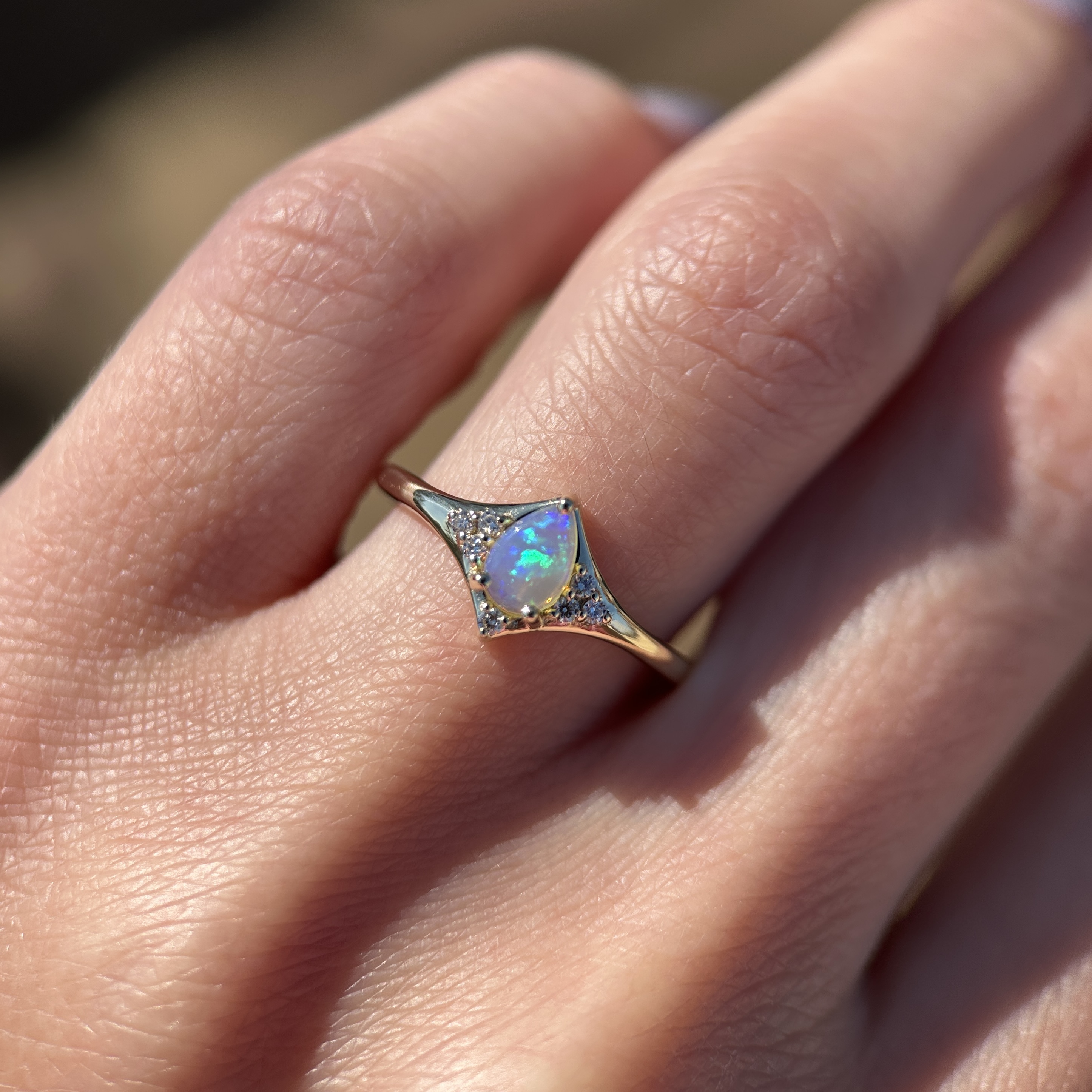 14K Yellow Gold Aurora ring with Australian Crystal Opal & Diamonds