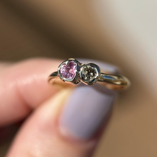 14K Molten Gold ring with Pink Sapphire heart & Champagne Diamond SZ 6.5