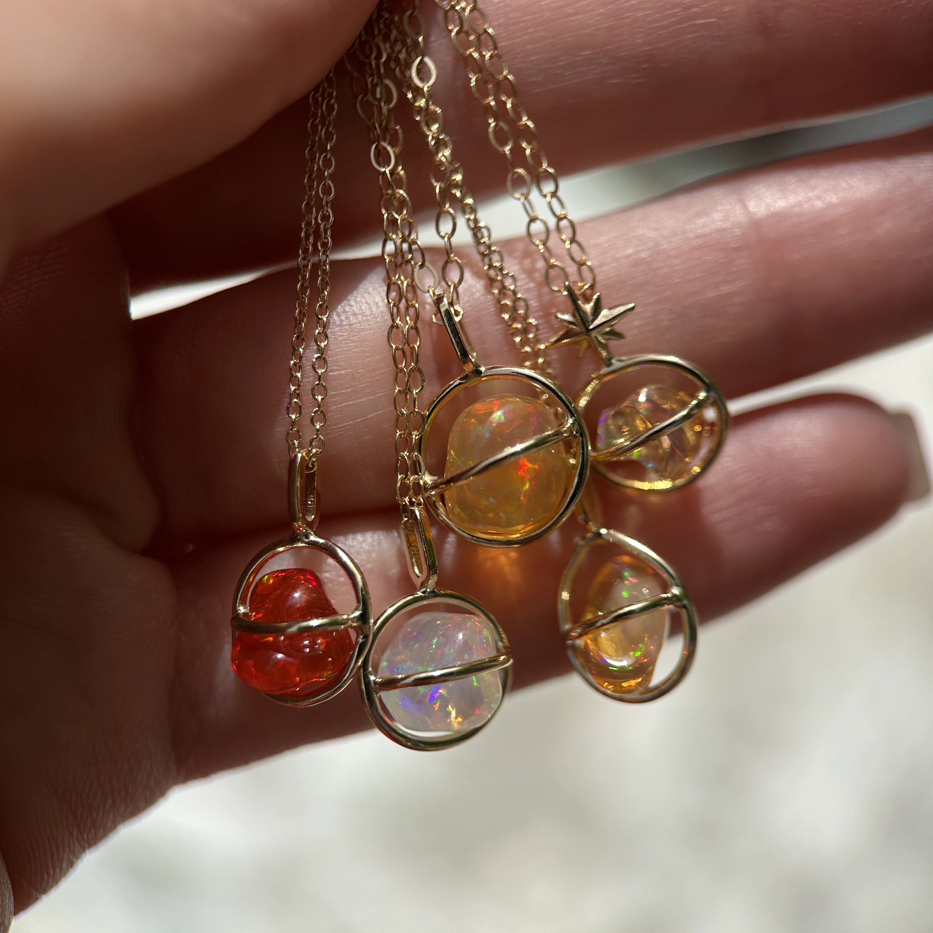 14K Yellow gold Planet Pendants with Freeform Mexican Fire Opals - Image 3