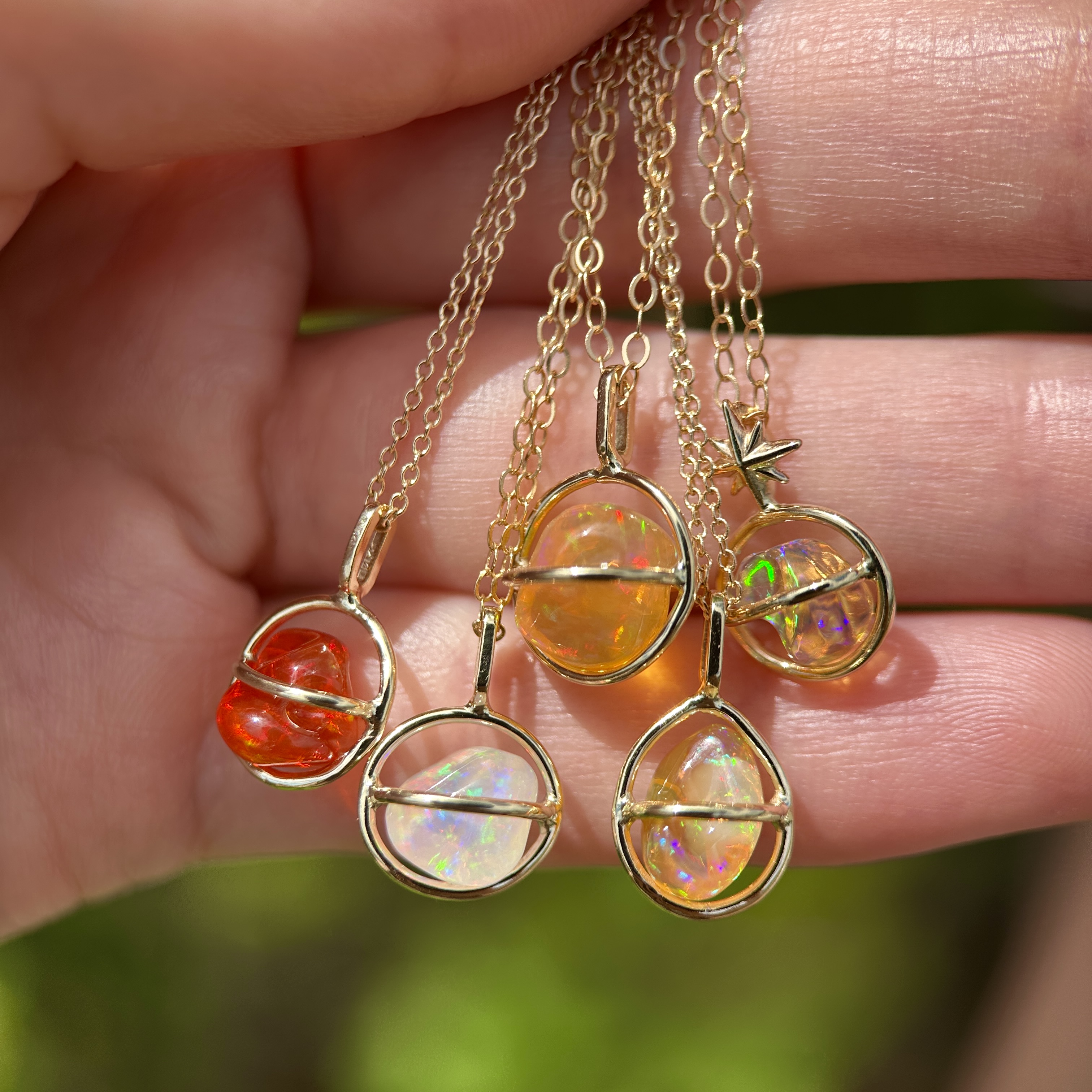 14K Yellow gold Planet Pendants with Freeform Mexican Fire Opals - Image 6