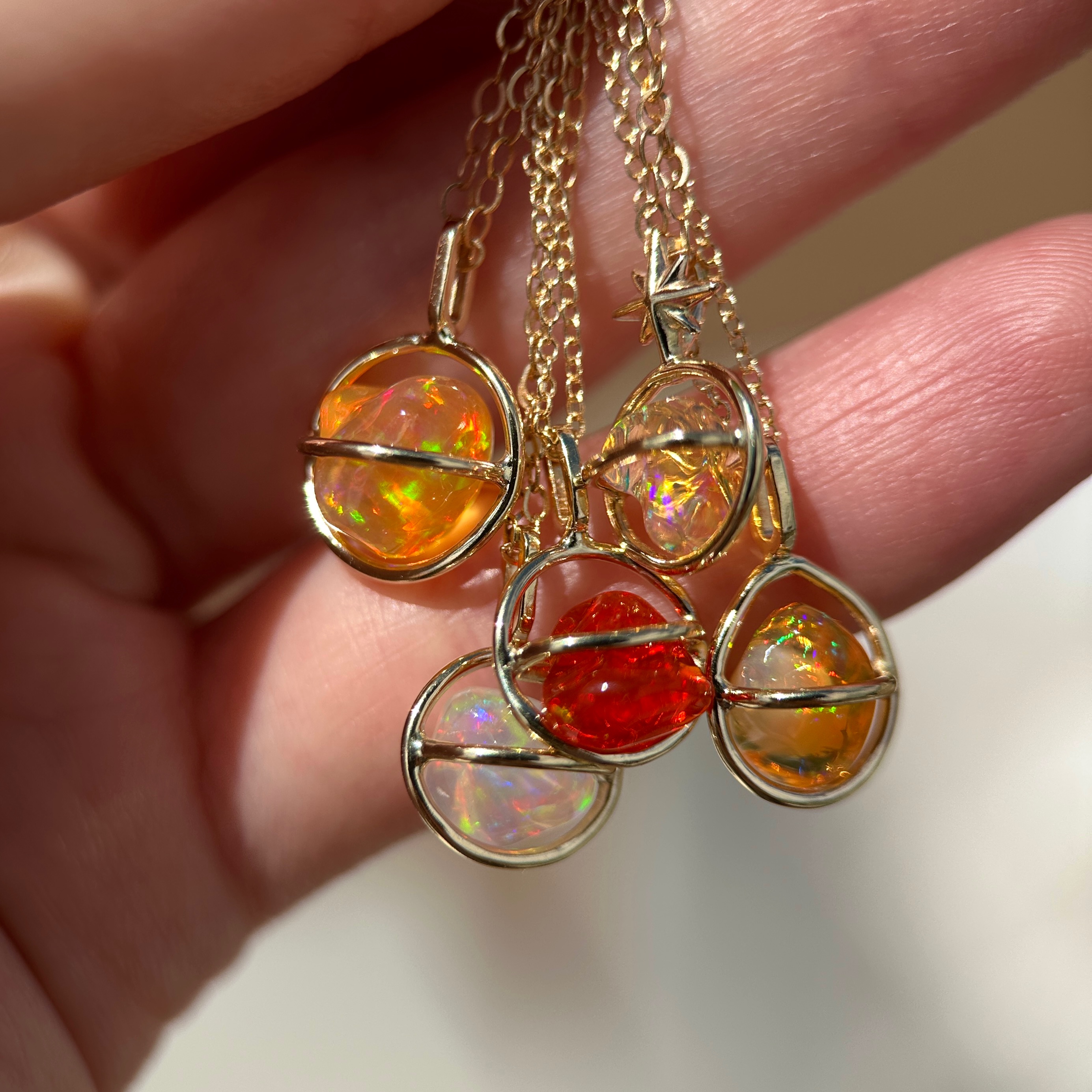 14K Yellow gold Planet Pendants with Freeform Mexican Fire Opals