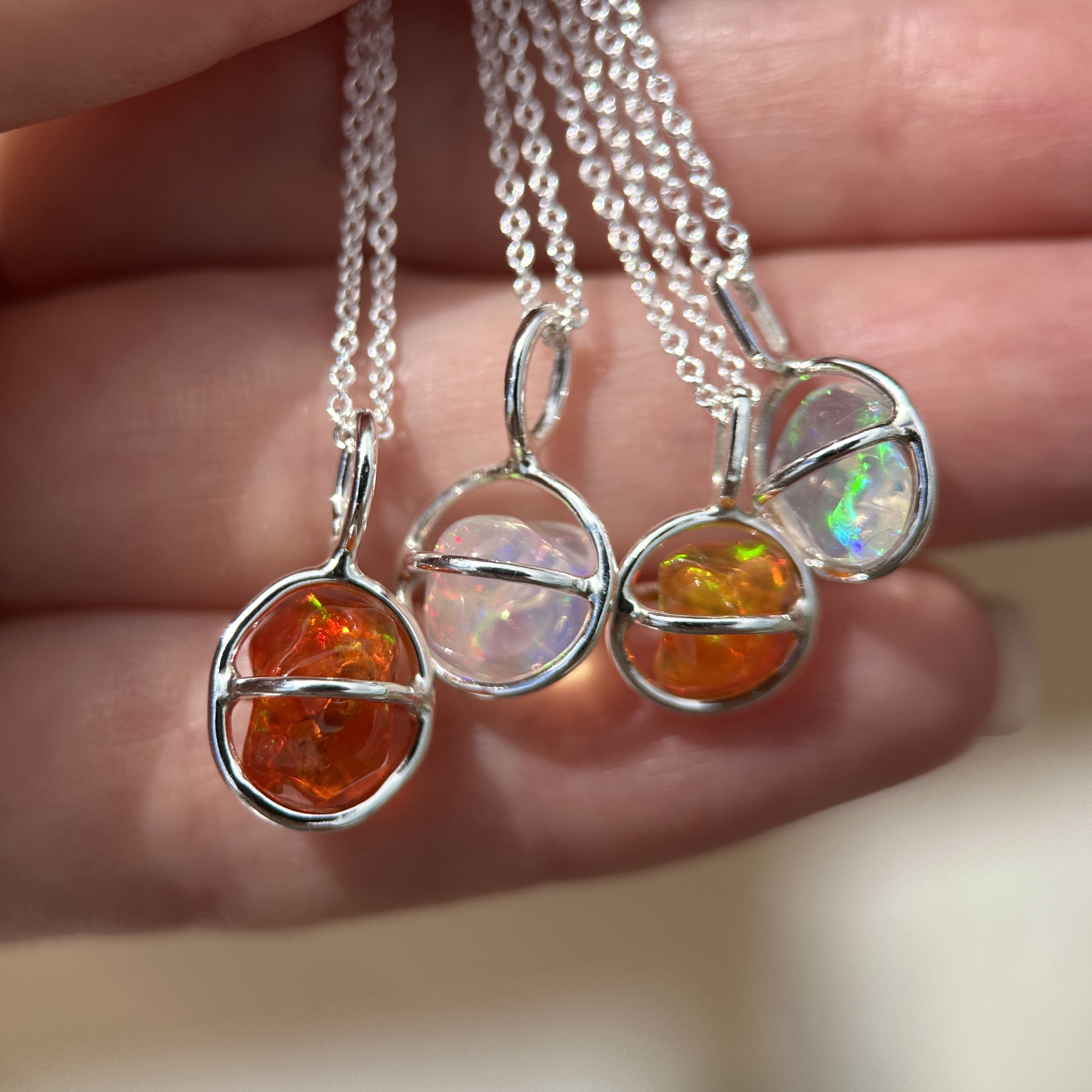 Sterling silver Planet Pendants with Freeform Mexican Fire Opals - Image 6