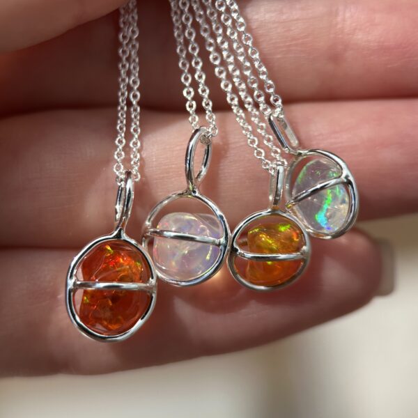 Sterling silver Planet Pendants with Freeform Mexican Fire Opals