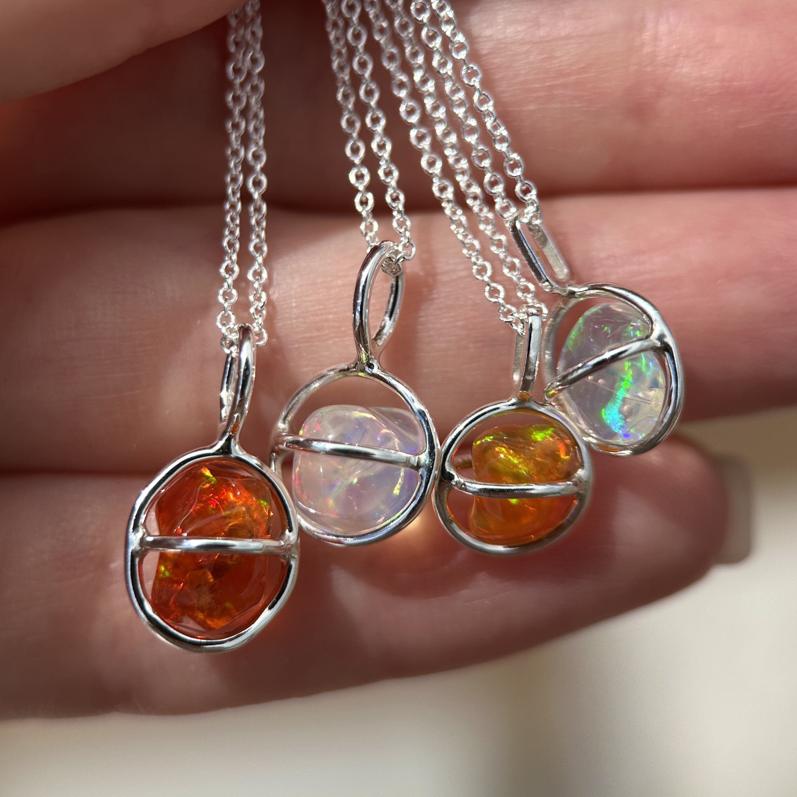 Sterling silver Planet Pendants with Freeform Mexican Fire Opals