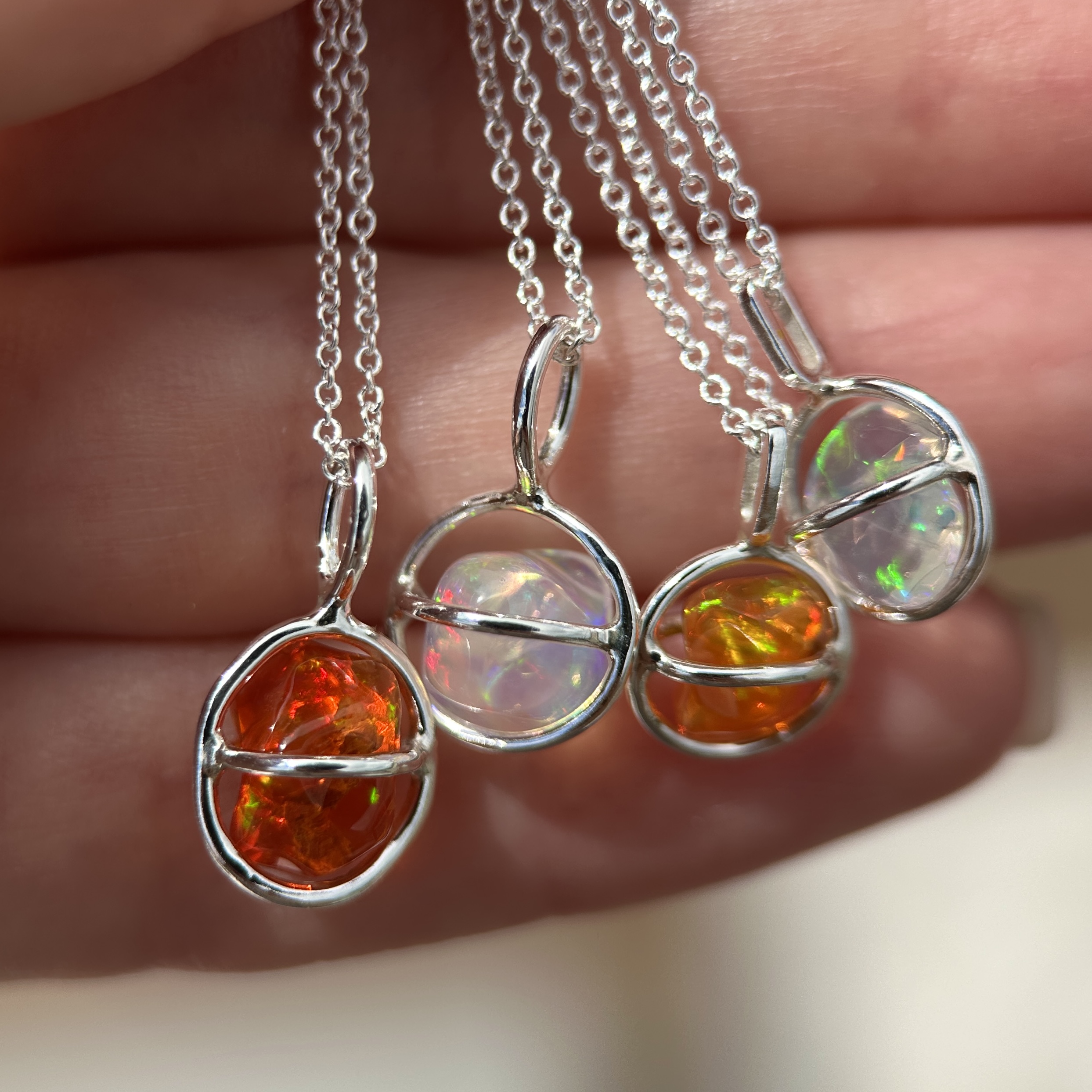 Sterling silver Planet Pendants with Freeform Mexican Fire Opals - Image 4