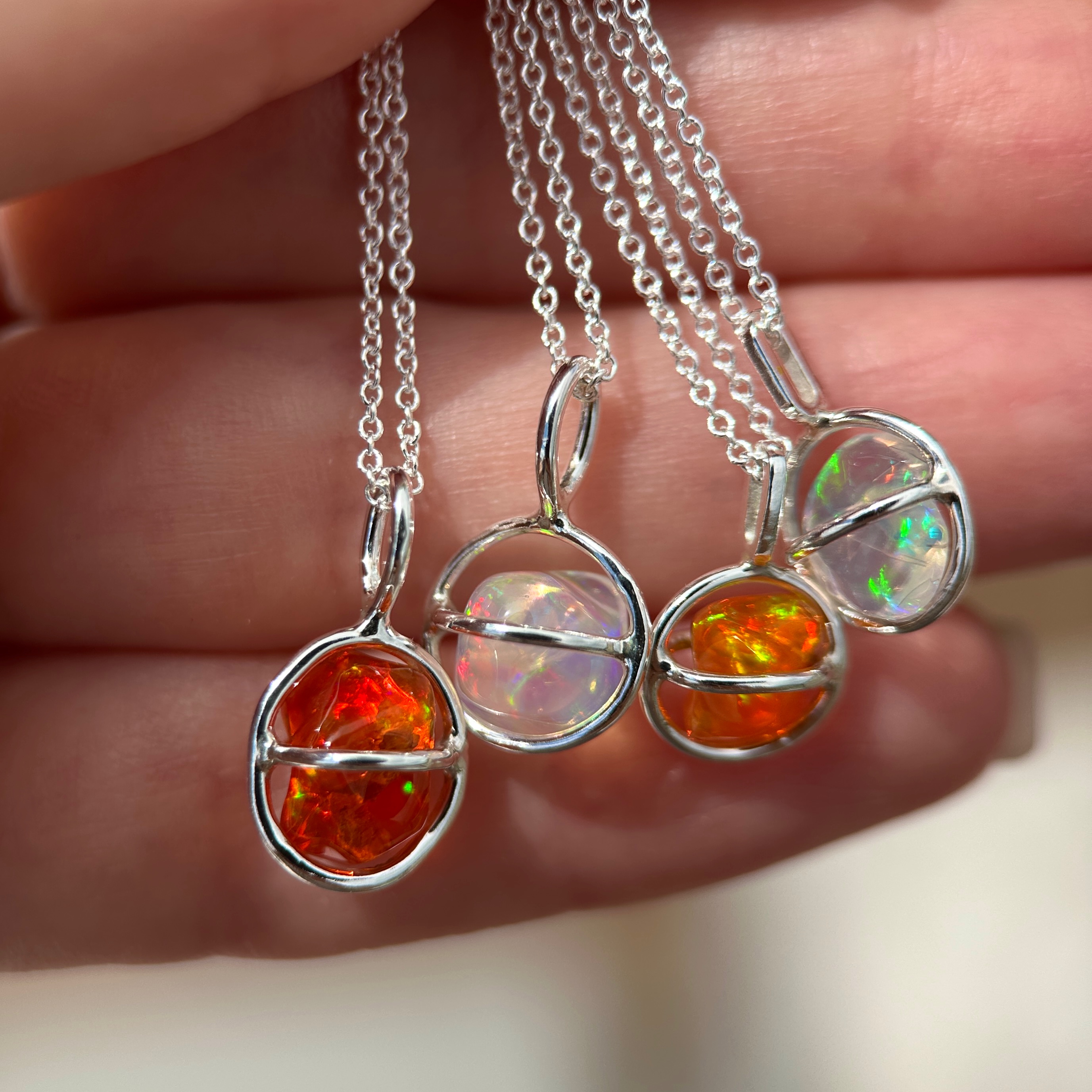 Sterling silver Planet Pendants with Freeform Mexican Fire Opals - Image 8
