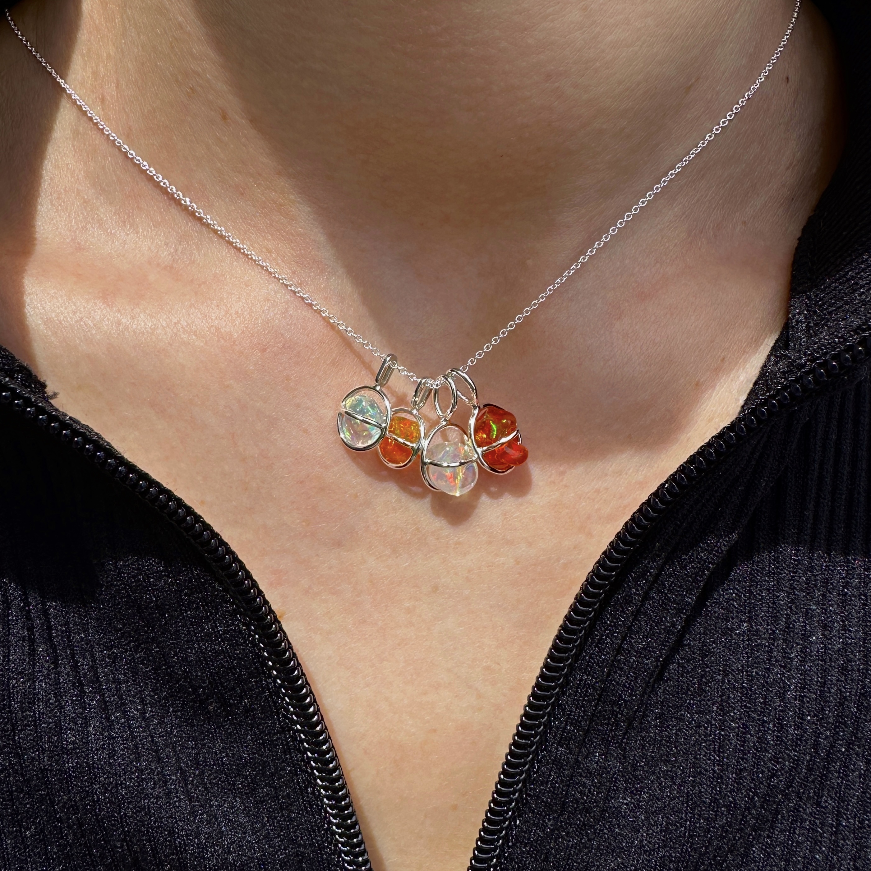 Sterling silver Planet Pendants with Freeform Mexican Fire Opals - Image 9