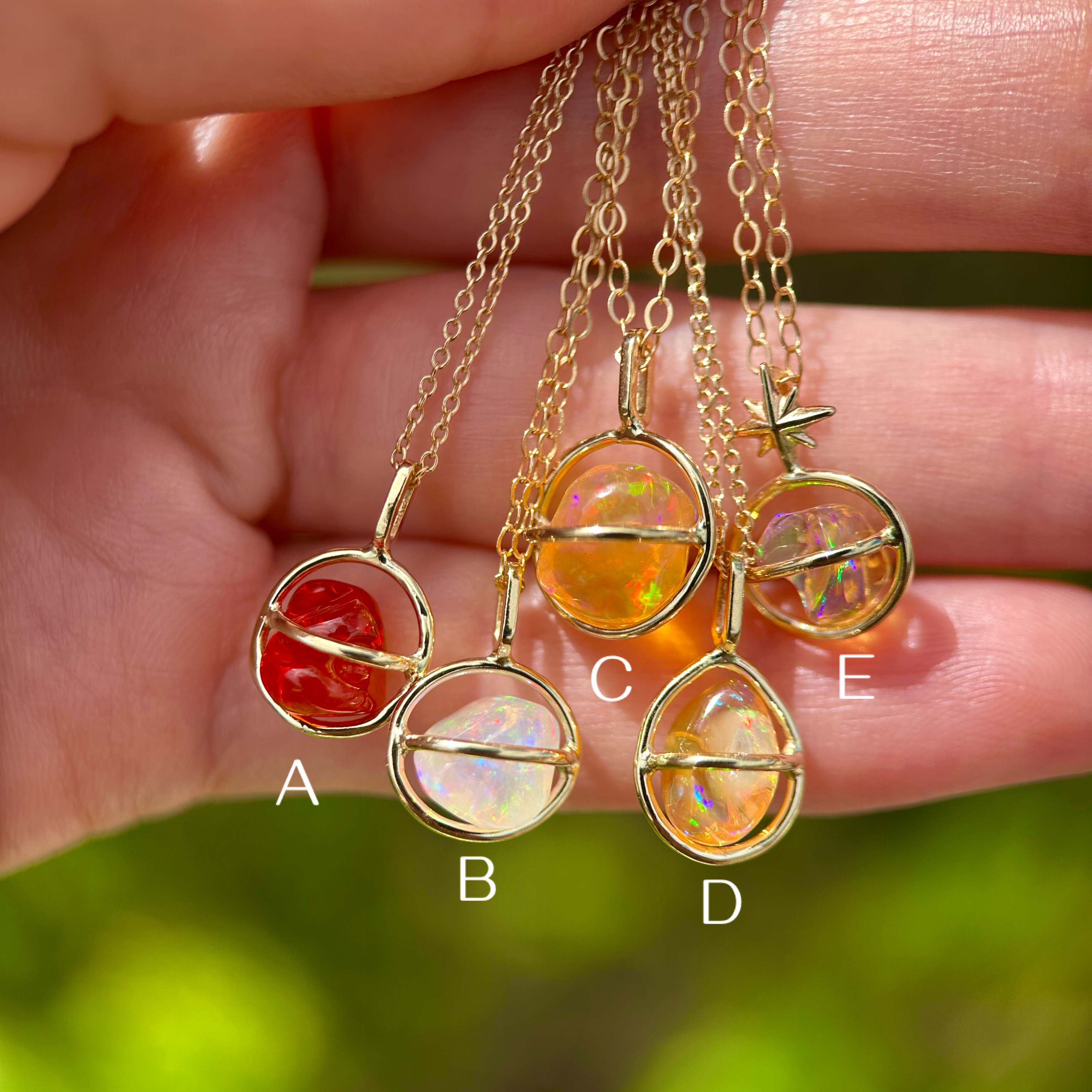 14K Yellow gold Planet Pendants with Freeform Mexican Fire Opals - Image 2