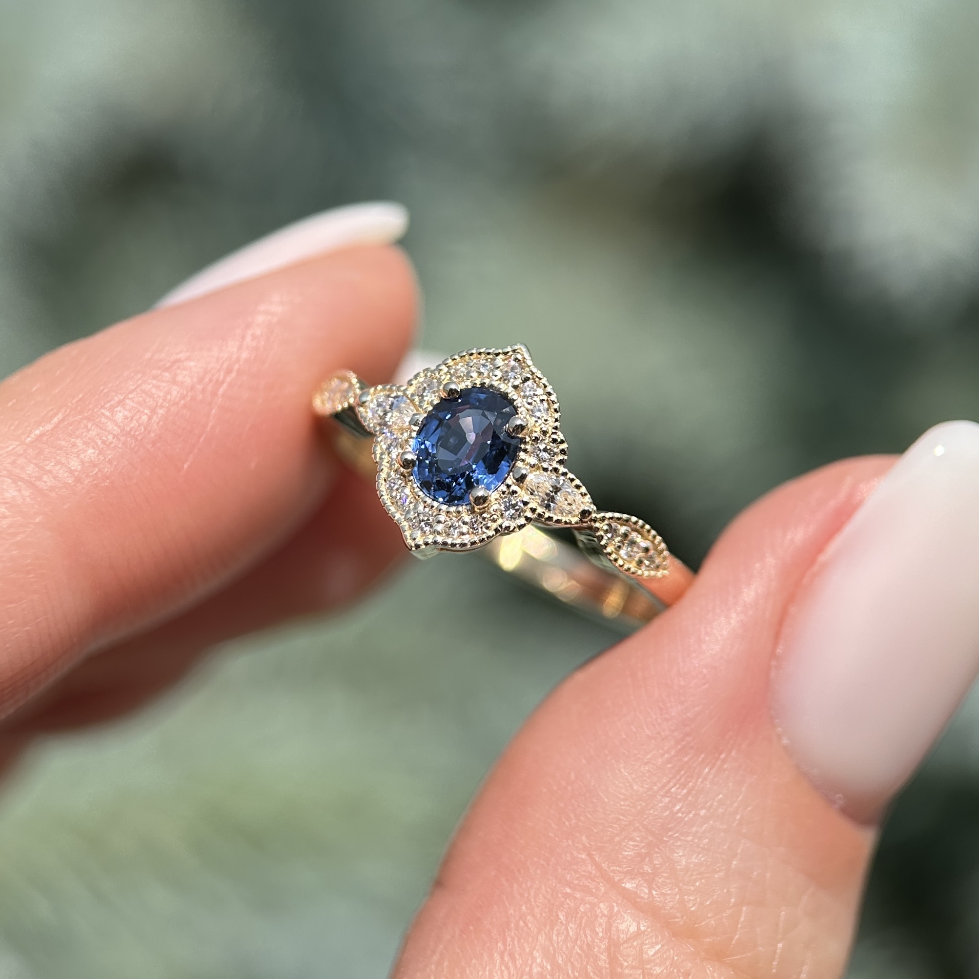 14K Yellow gold Aveline ring with Blue sapphire and Diamonds SZ 7 - Image 4