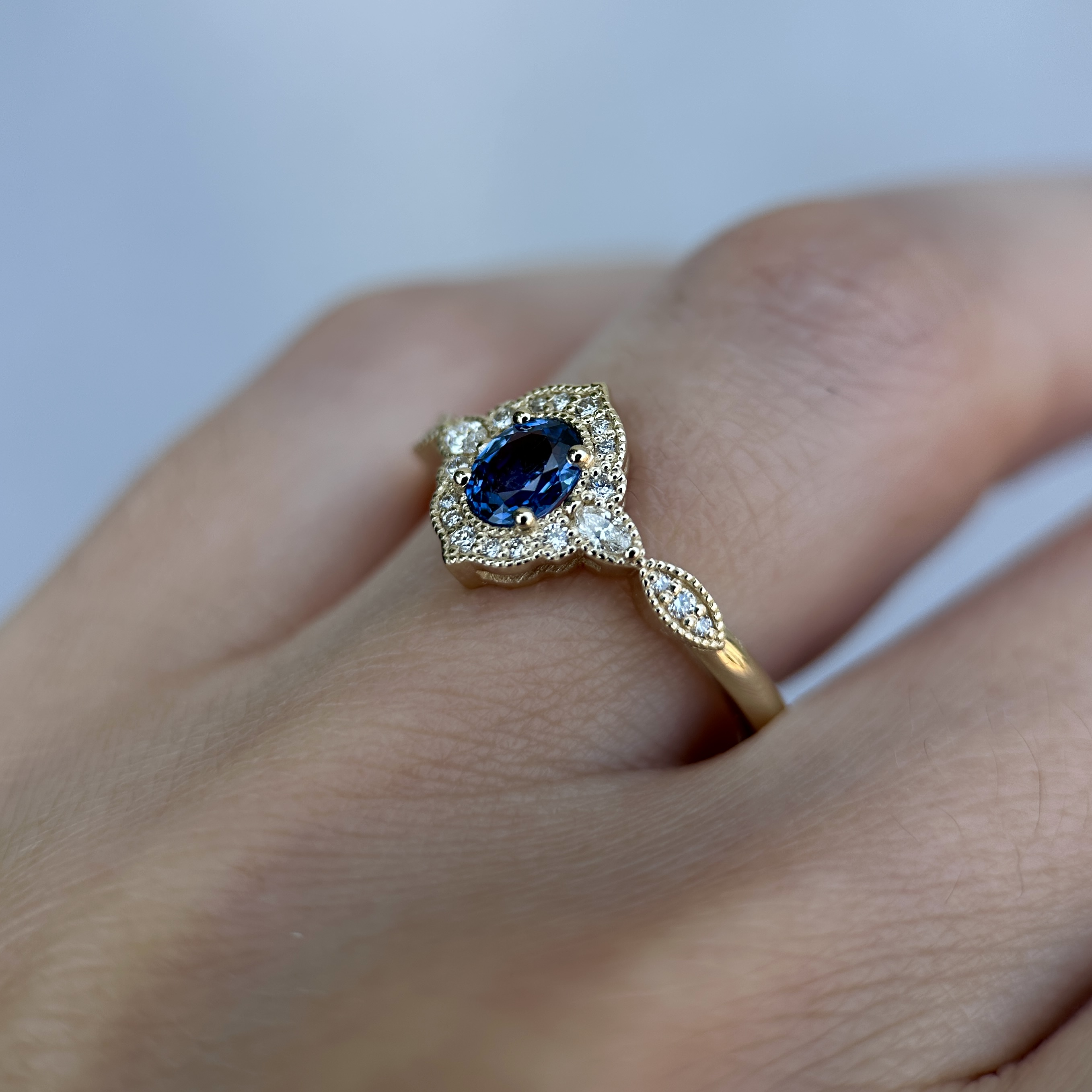 14K Yellow gold Aveline ring with Blue sapphire and Diamonds SZ 7 - Image 2