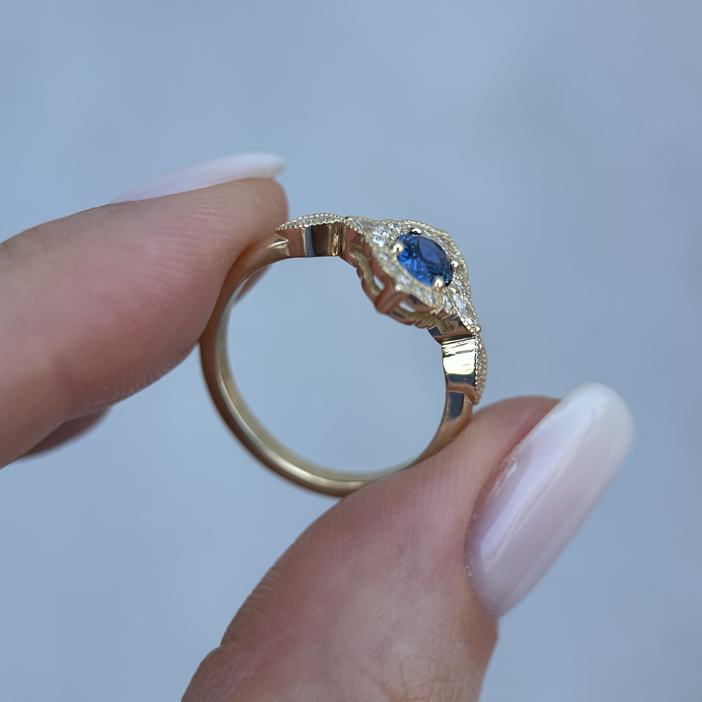 14K Yellow gold Aveline ring with Blue sapphire and Diamonds SZ 7 - Image 7