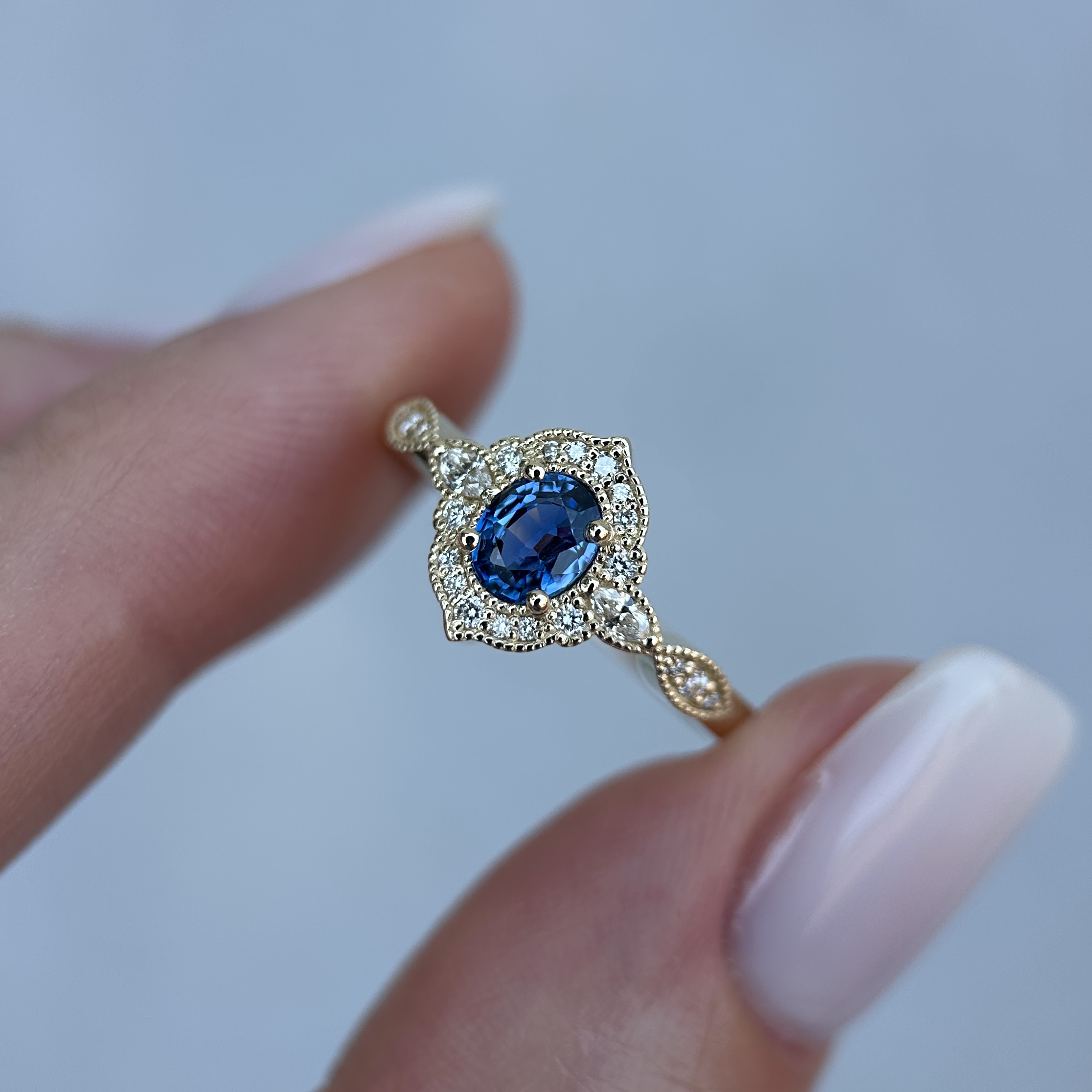 14K Yellow gold Aveline ring with Blue sapphire and Diamonds SZ 7 - Image 12