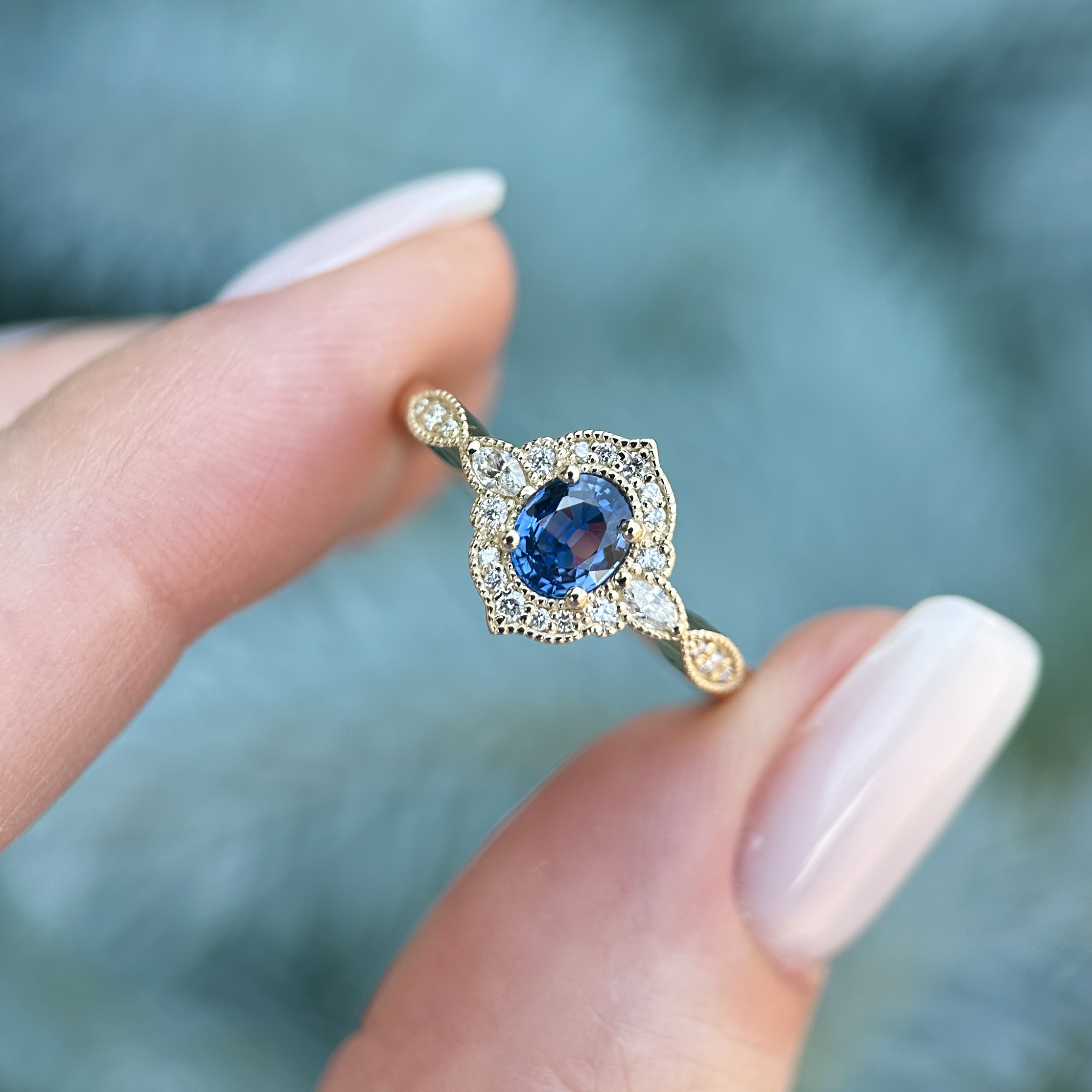14K Yellow gold Aveline ring with Blue sapphire and Diamonds SZ 7 - Image 13