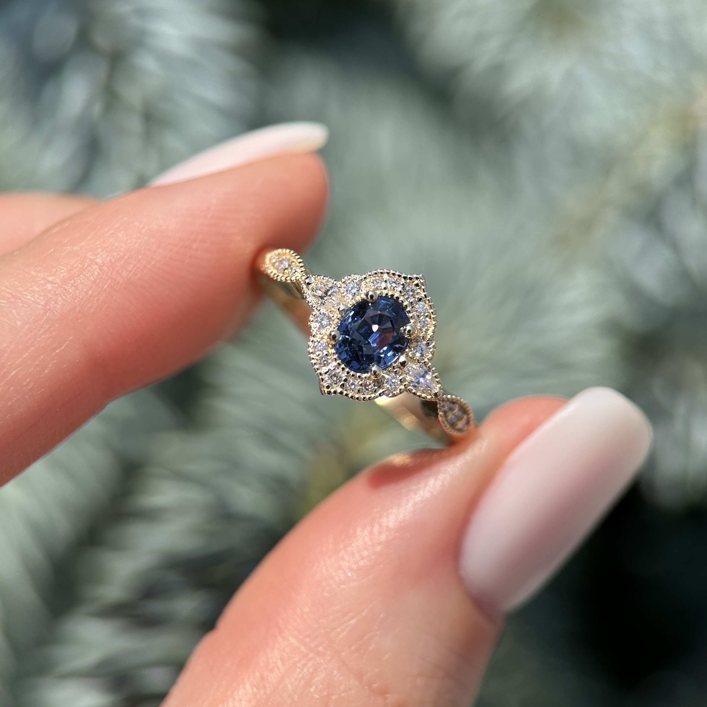 14K Yellow gold Aveline ring with Blue sapphire and Diamonds SZ 7 - Image 14
