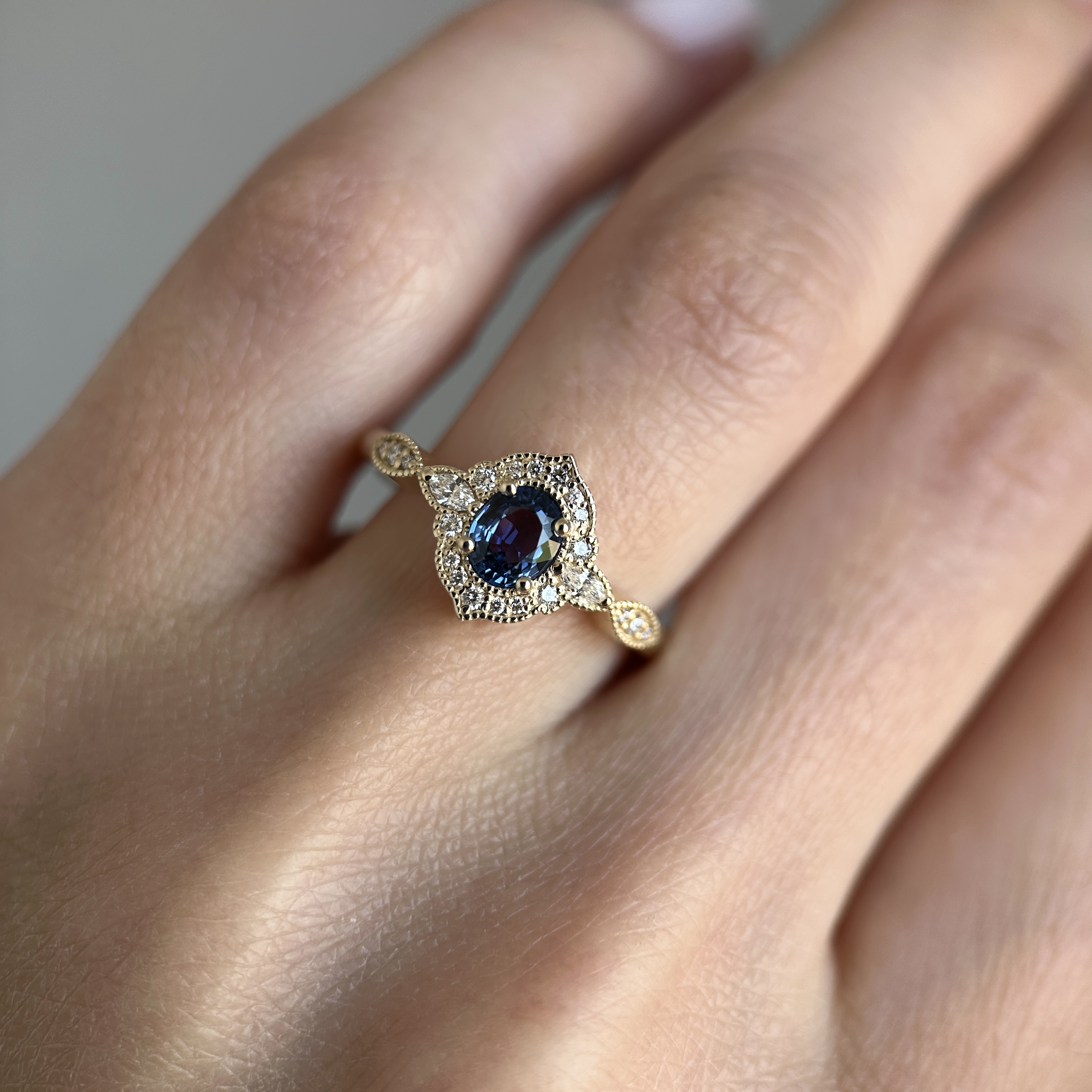 14K Yellow gold Aveline ring with Blue sapphire and Diamonds SZ 7 - Image 15