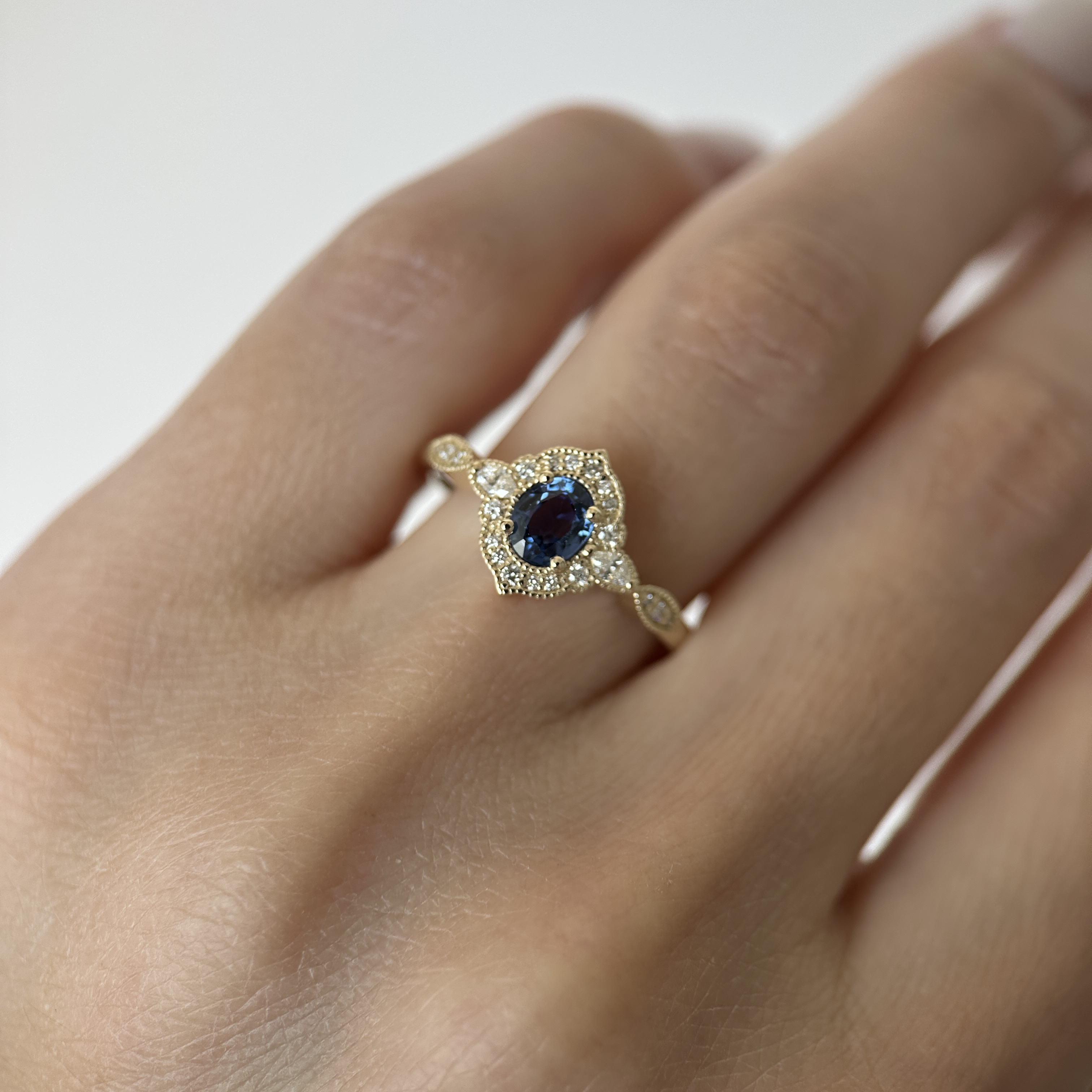 14K Yellow gold Aveline ring with Blue sapphire and Diamonds SZ 7 - Image 16