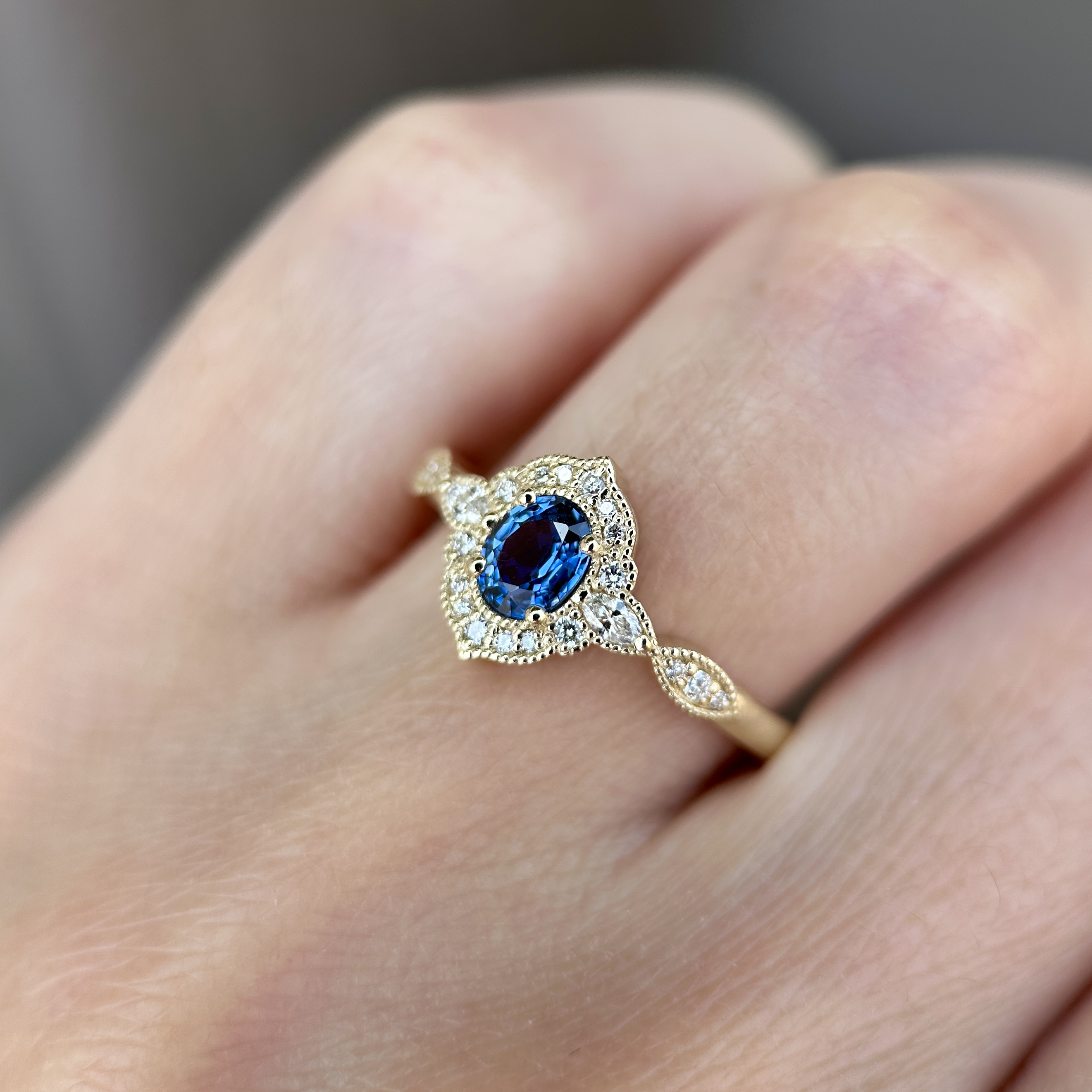 14K Yellow gold Aveline ring with Blue sapphire and Diamonds SZ 7 - Image 3