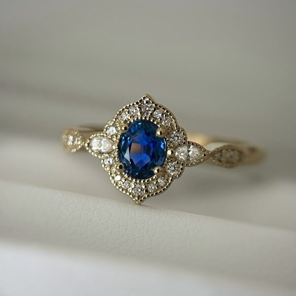 14K Yellow gold Aveline ring with Blue sapphire and Diamonds SZ 7