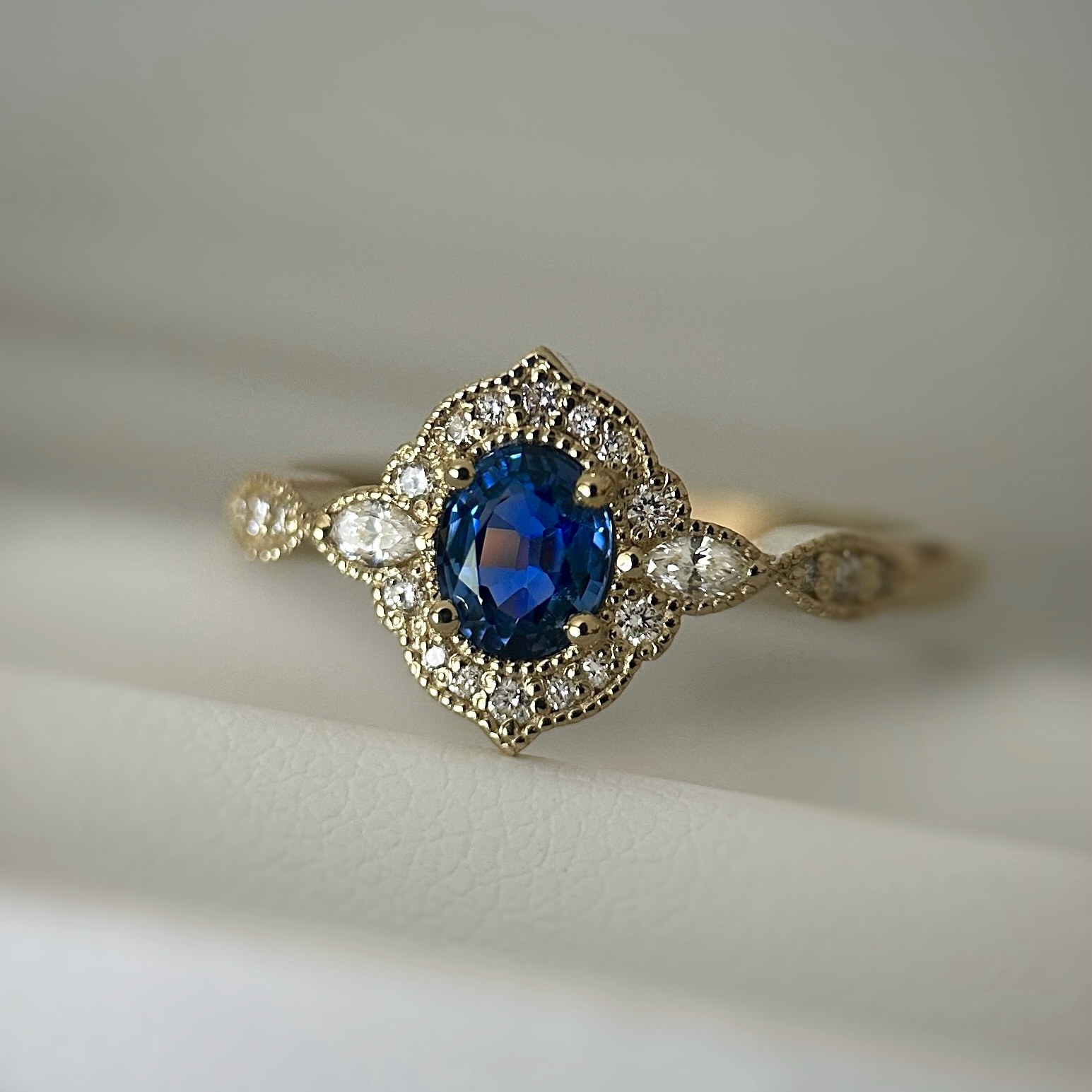 14K Yellow gold Aveline ring with Blue sapphire and Diamonds SZ 7