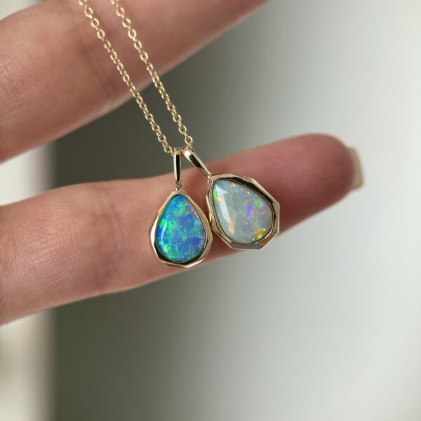 14K Yellow gold Geometric Pendants with Australian Crystal Opals