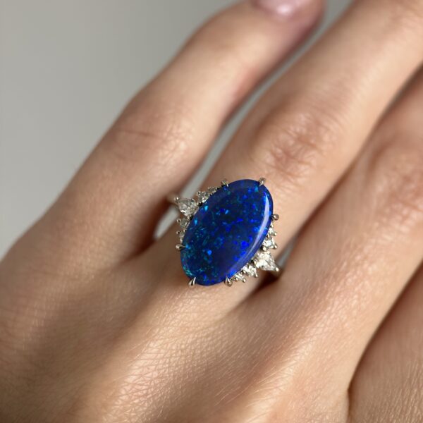 14K White gold ring with Australian Black Opal and Diamonds SZ 7