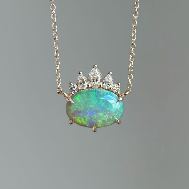 Custom-made 14K Yellow gold necklace with Australian Opal and Diamonds ✨{NFS} DM to create yours