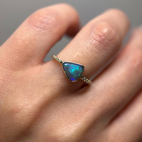 14K Yellow gold ring with Australian Black Opal and Diamonds SZ 6