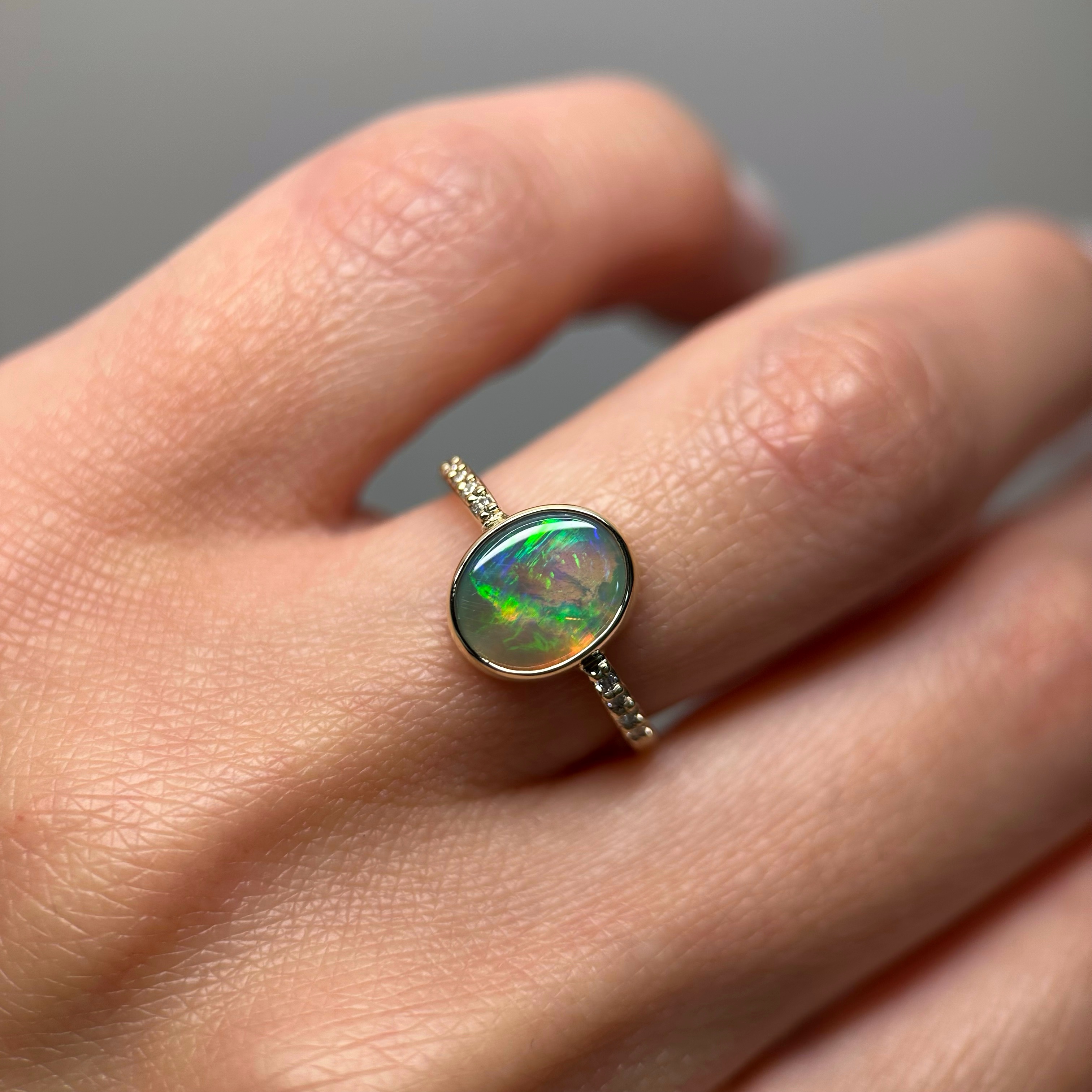 14K Yellow gold ring with Australian Crystal Opal and Diamonds SZ 5.25 - Image 8