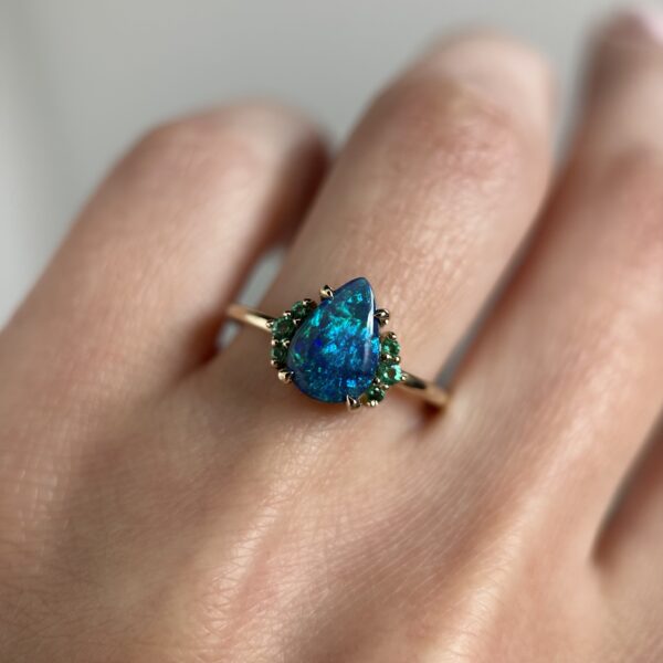 14K Yellow gold ring with Australian Black Opal and Emeralds SZ 7