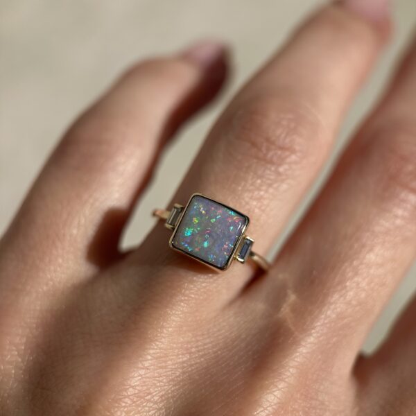 14K Yellow gold ring with Australian Dark Opal and Baguette Diamonds SZ 6