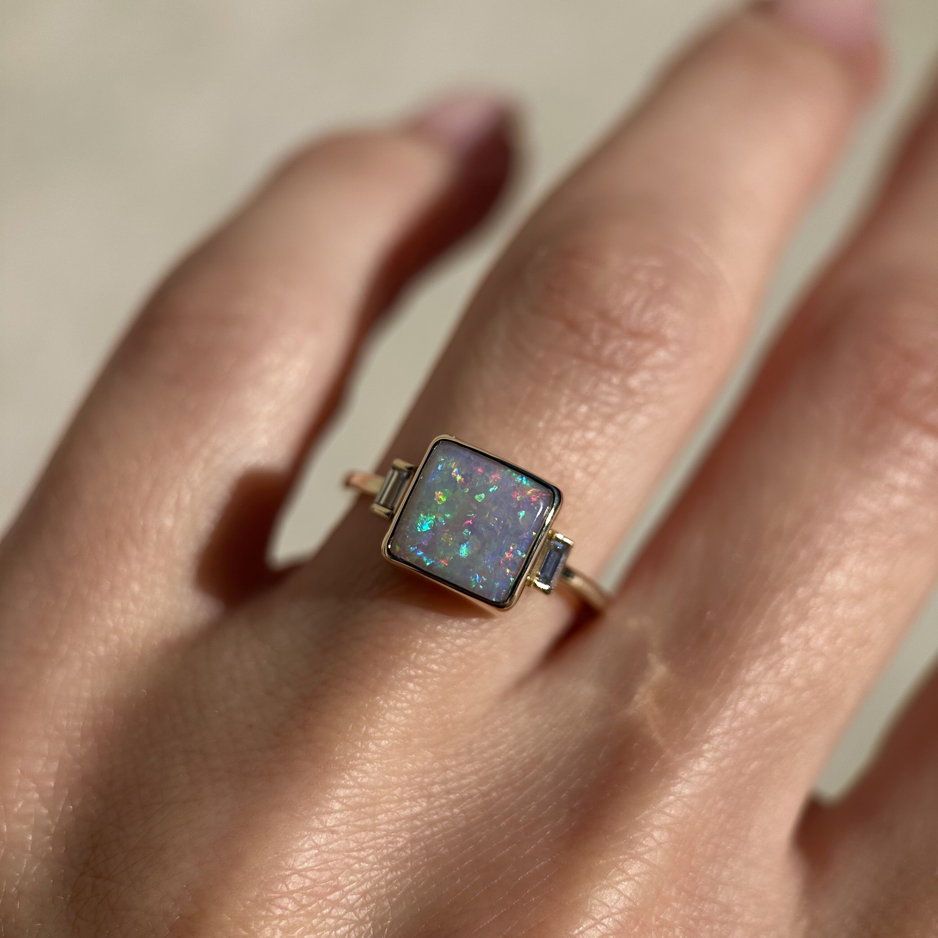 14K Yellow gold ring with Australian Dark Opal and Baguette Diamonds SZ 6