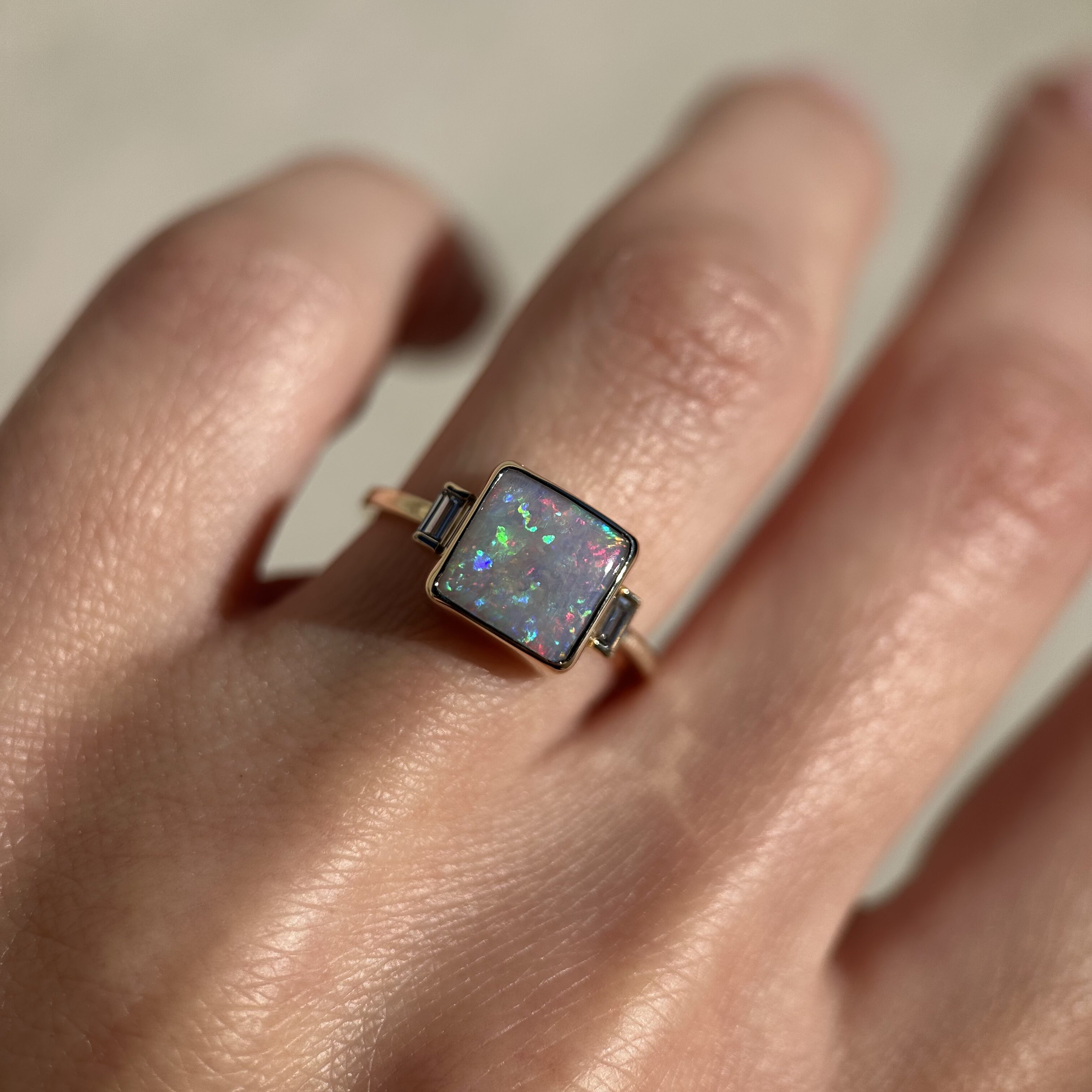 14K Yellow gold ring with Australian Dark Opal and Baguette Diamonds SZ 6 - Image 3