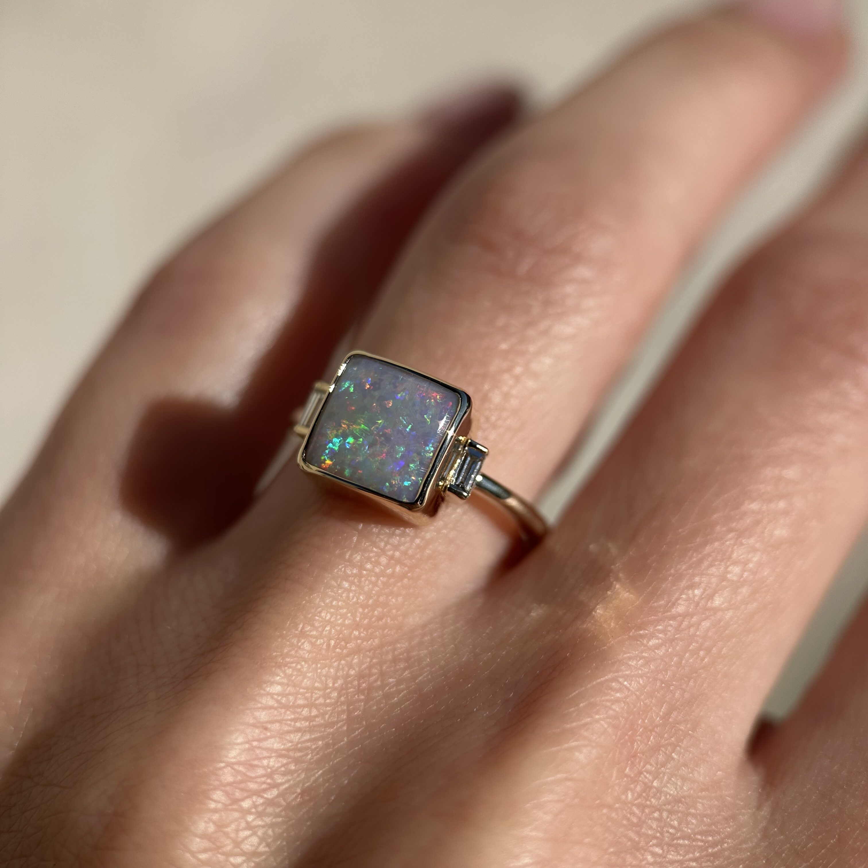 14K Yellow gold ring with Australian Dark Opal and Baguette Diamonds SZ 6 - Image 7