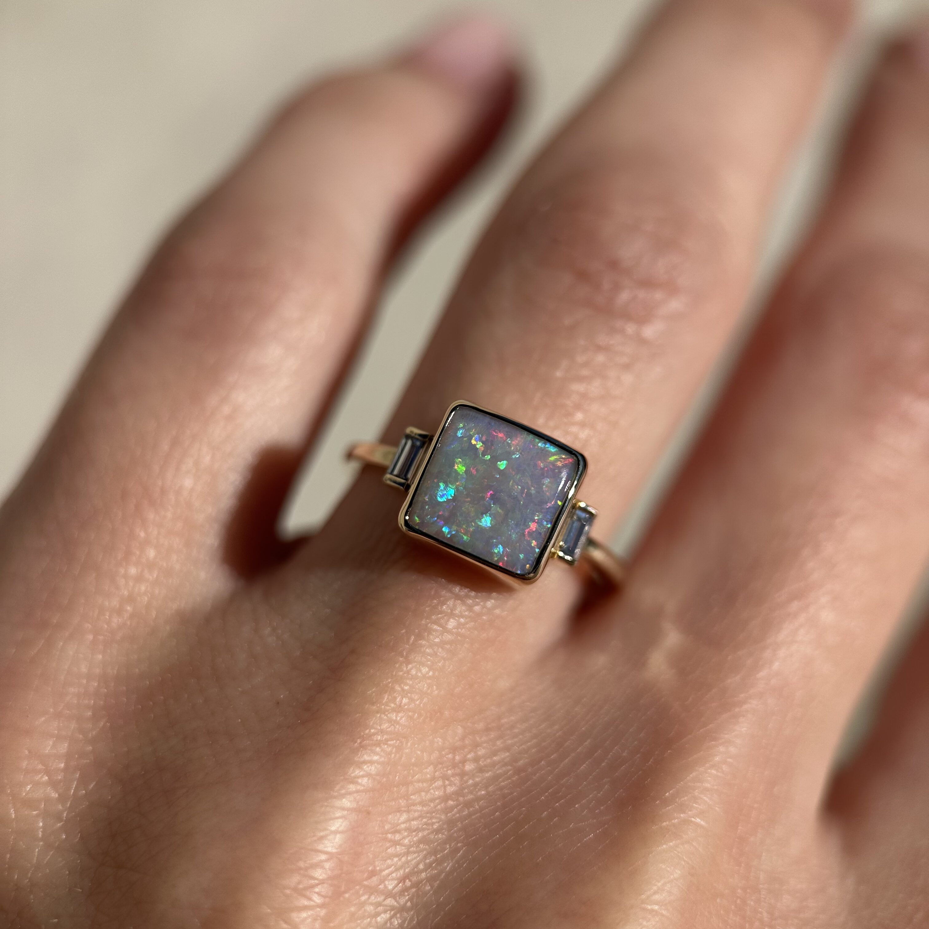 14K Yellow gold ring with Australian Dark Opal and Baguette Diamonds SZ 6 - Image 9