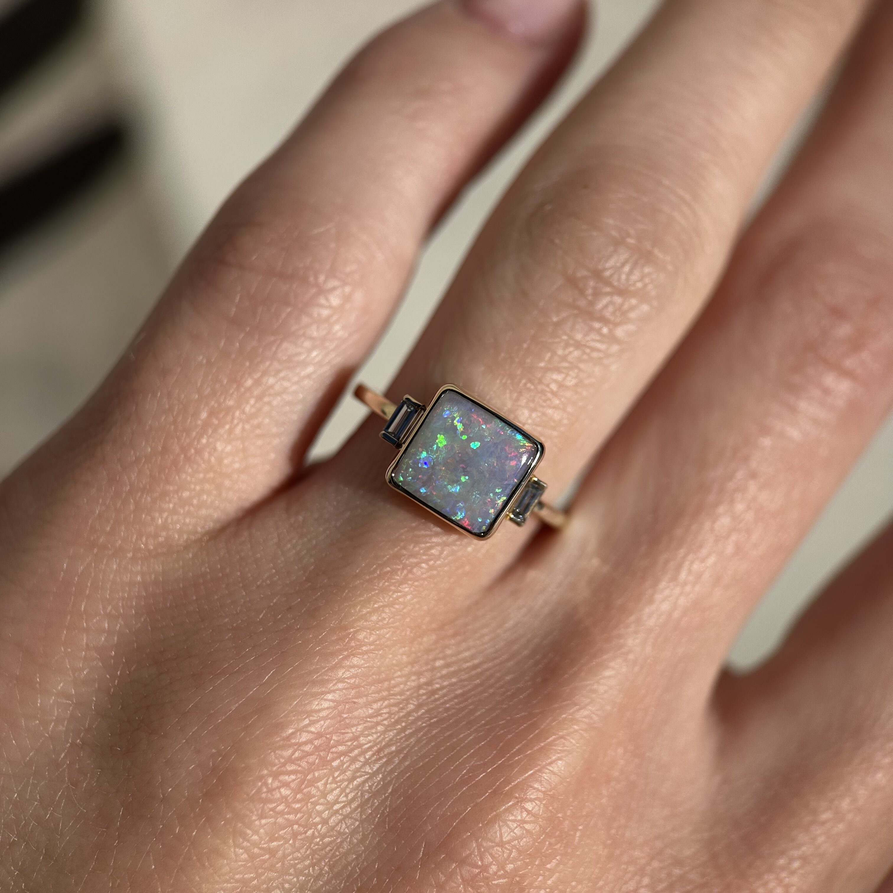 14K Yellow gold ring with Australian Dark Opal and Baguette Diamonds SZ 6 - Image 2