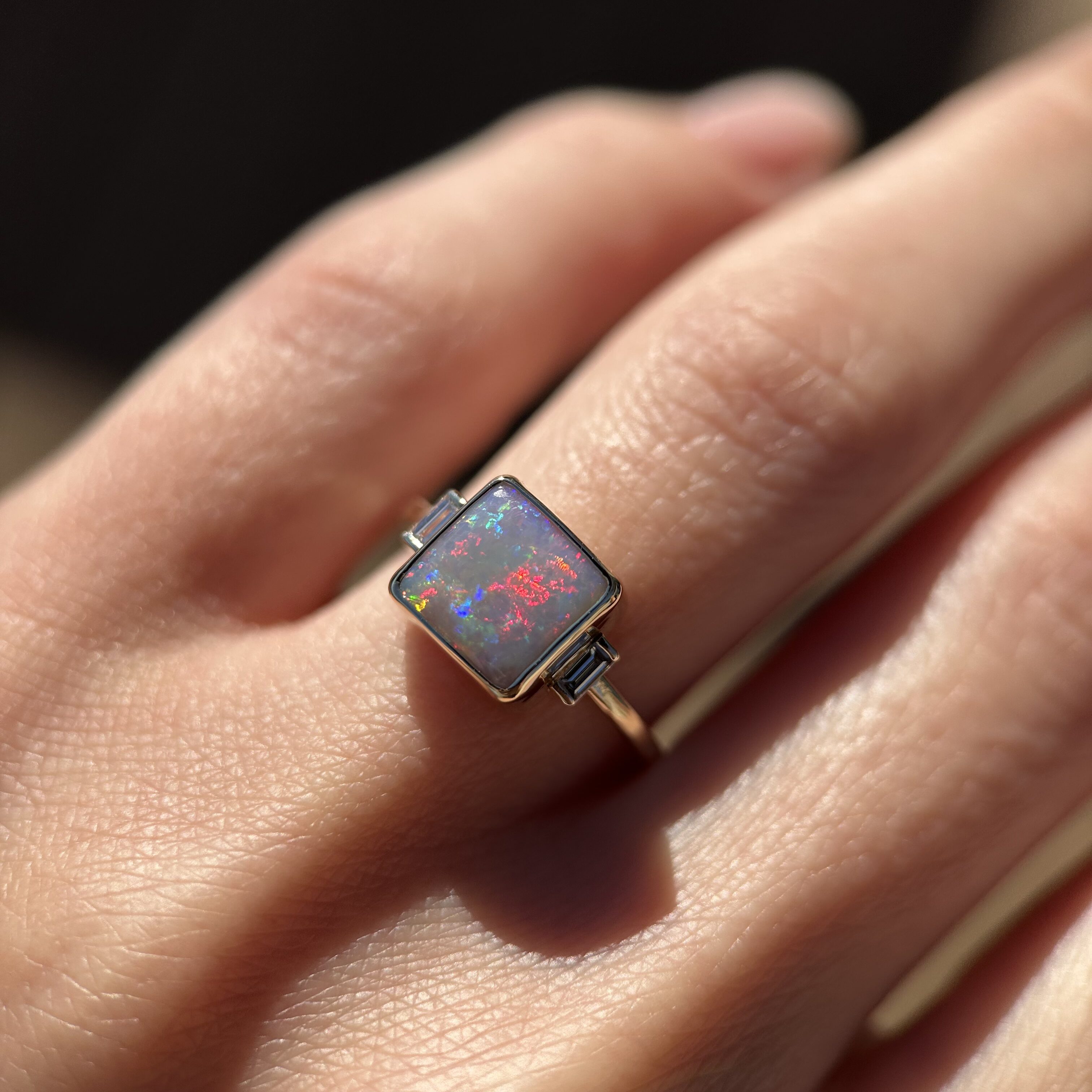 14K Yellow gold ring with Australian Dark Opal and Baguette Diamonds SZ 6 - Image 5