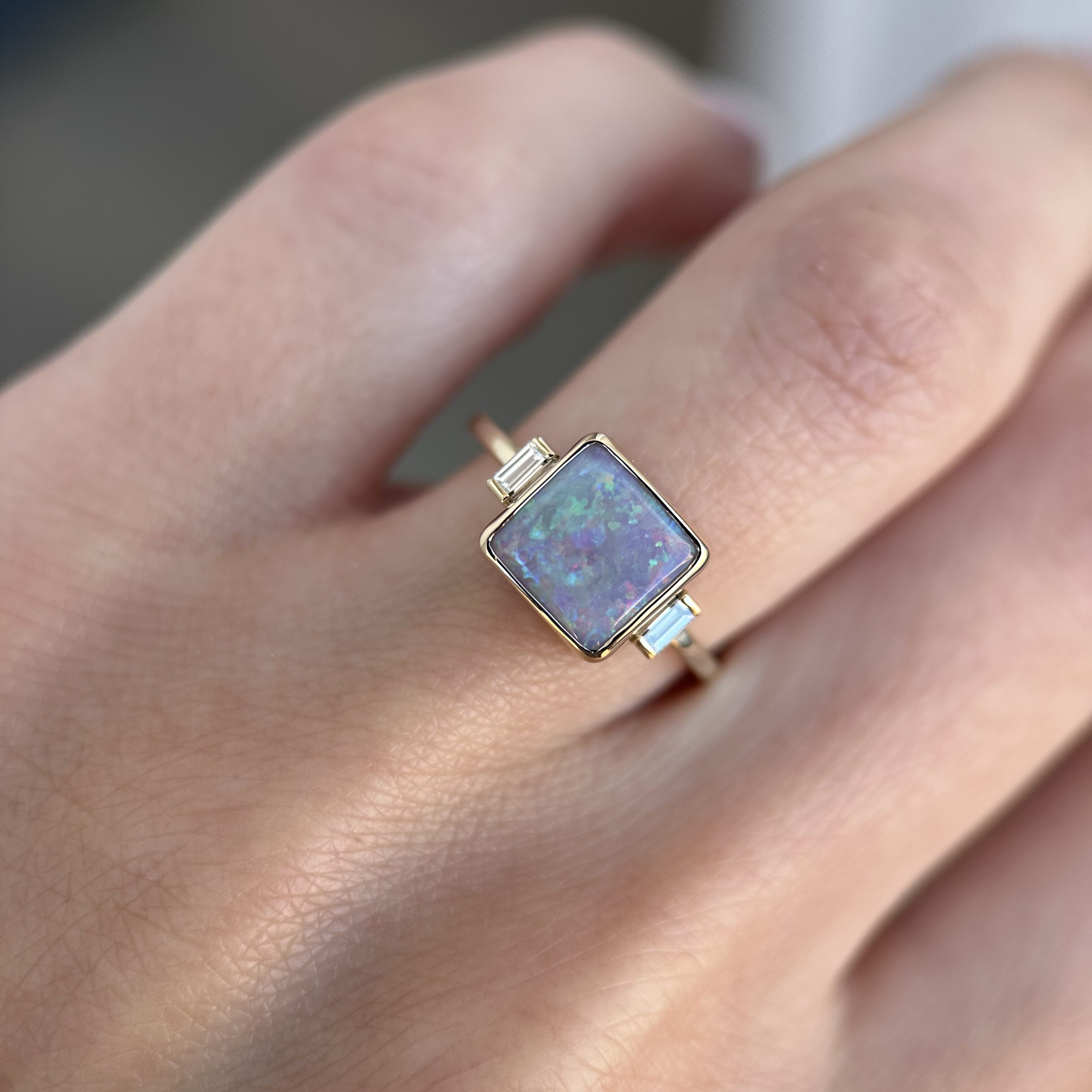 14K Yellow gold ring with Australian Dark Opal and Baguette Diamonds SZ 6 - Image 8