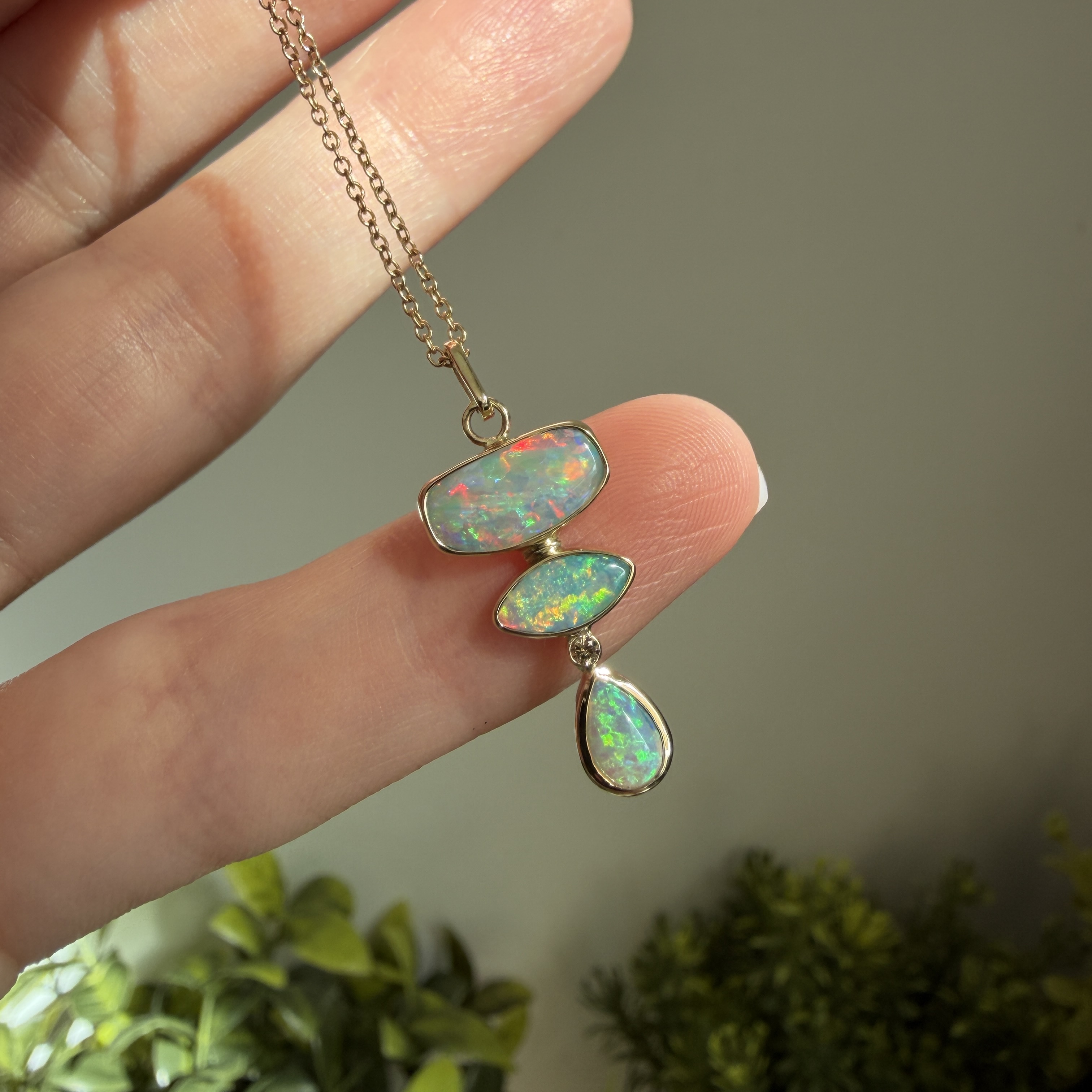 14K Yellow gold pendant with Australian Crystal Opals and Champagne Diamond - Image 9