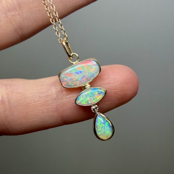 14K Yellow gold pendant with Australian Crystal Opals and Champagne Diamond