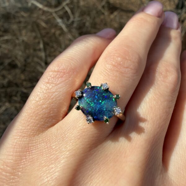 14K Yellow gold ring with Australian Black Opal and Diamonds SZ 7